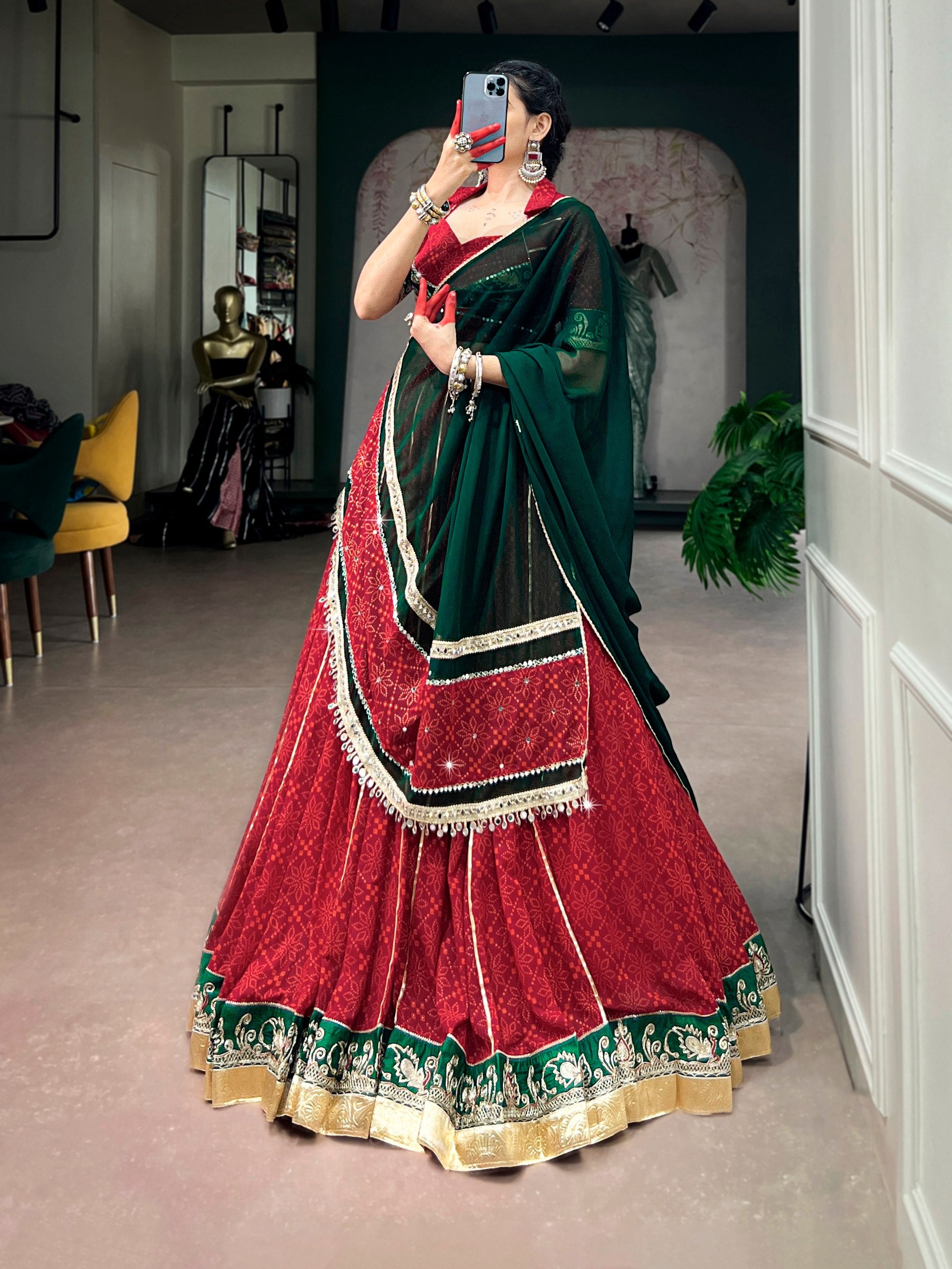Red Pure Georgette Bandhej Foil Print Navratri Lehenga Choli