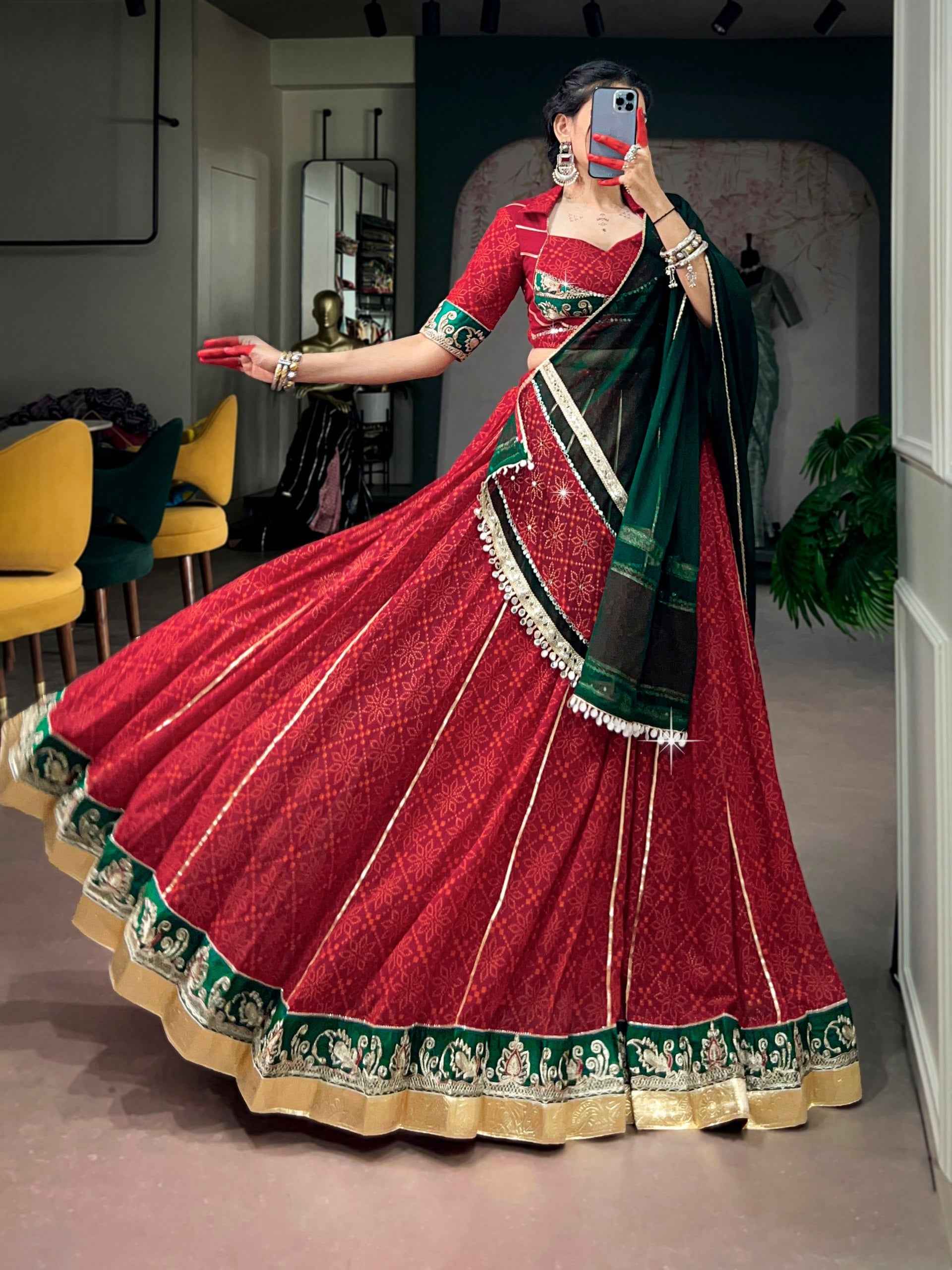 Red Pure Georgette Bandhej Foil Print Navratri Lehenga Choli