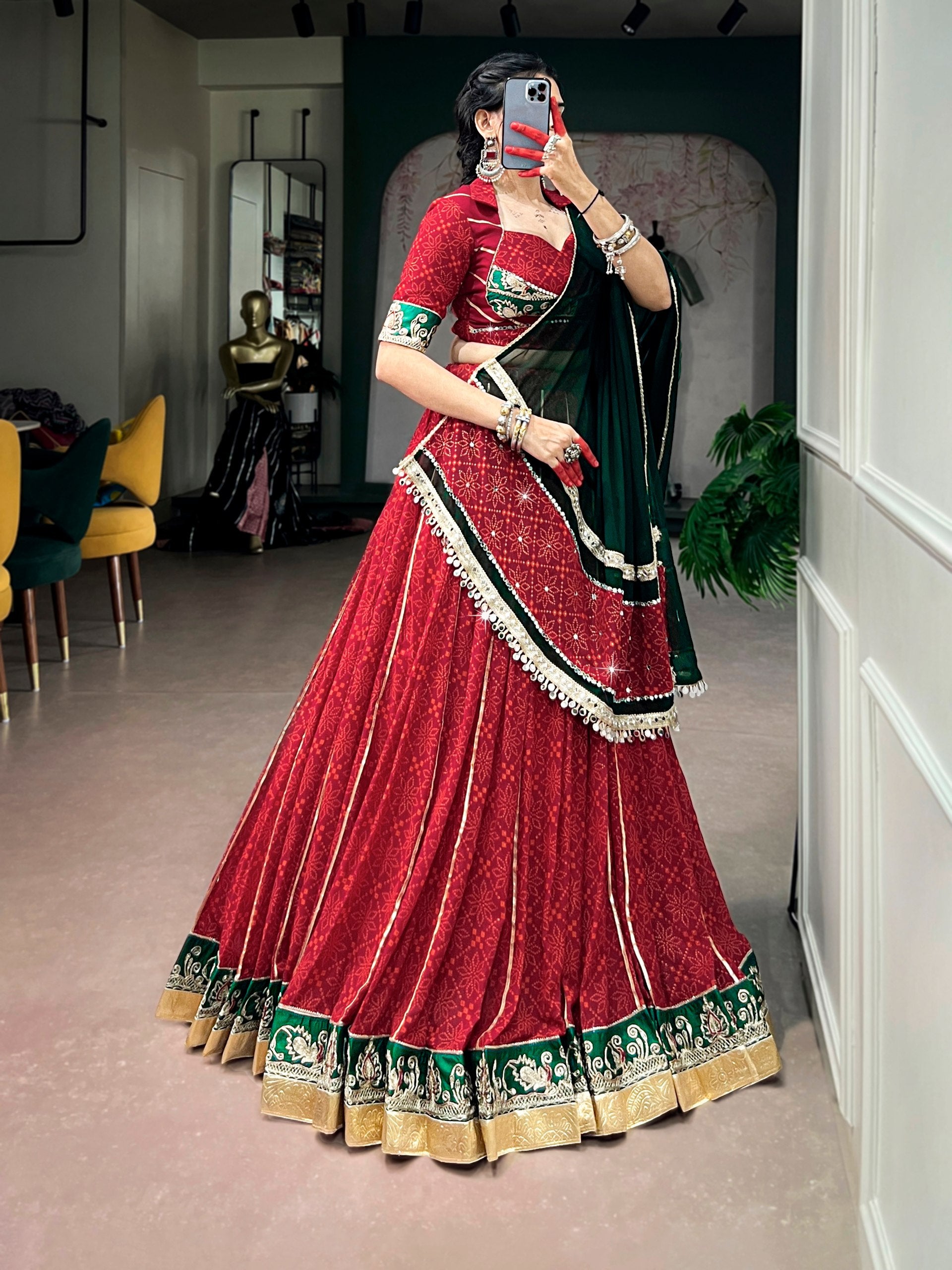 Red Pure Georgette Bandhej Foil Print Navratri Lehenga Choli