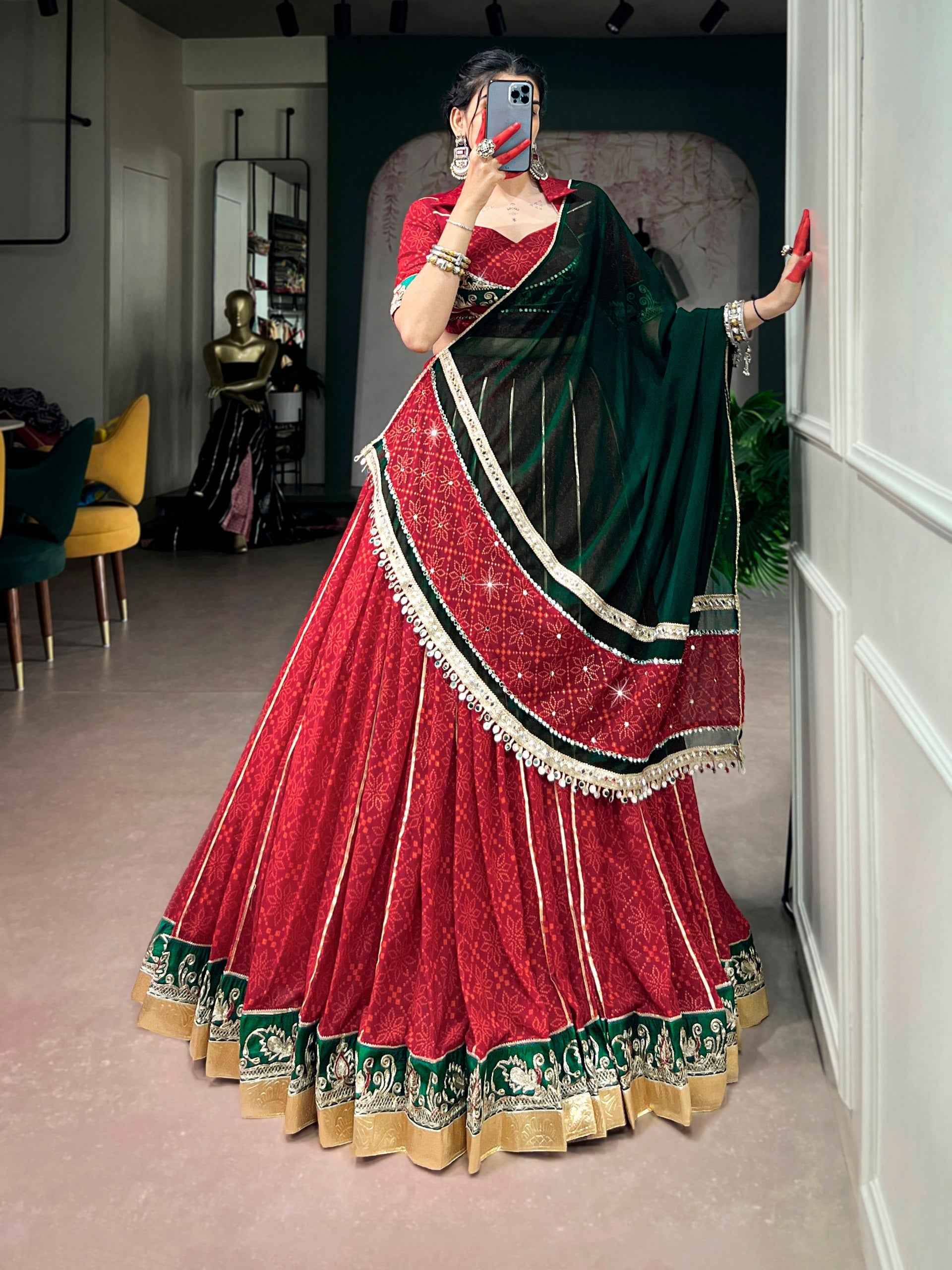 Red Pure Georgette Bandhej Foil Print Navratri Lehenga Choli