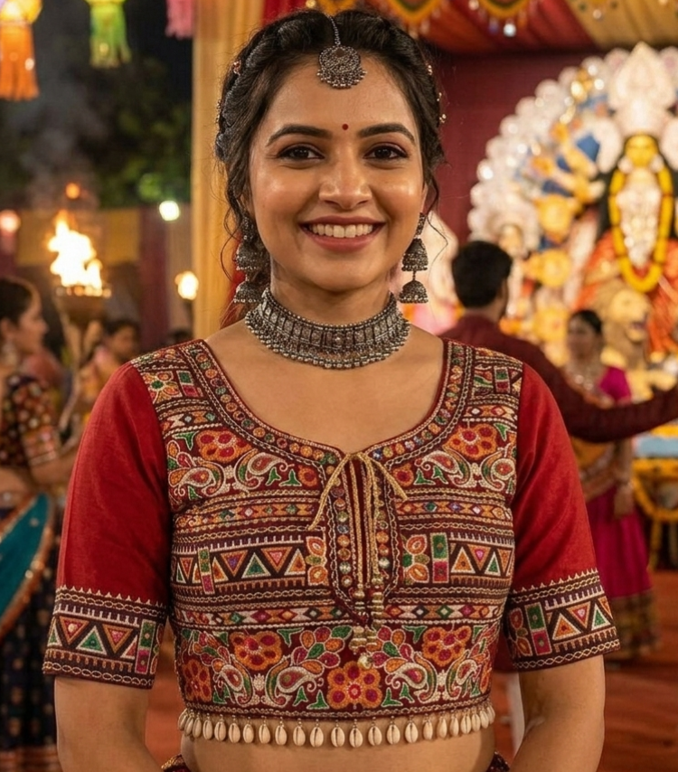 Red Pure Roman Silk Kutchi Gamthi Embroidered Work Navratri Blouse