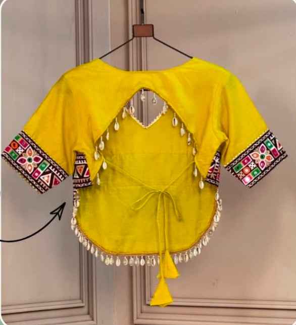 Yellow Pure Roman Silk Kutchi Gamthi Embroidered Work Navratri Blouse