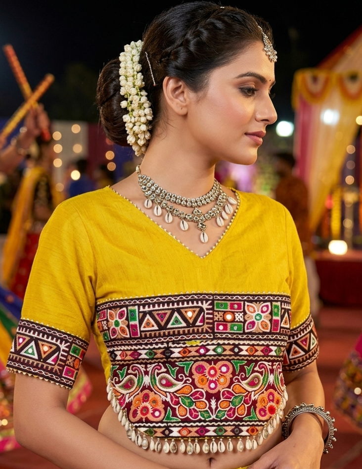 Yellow Pure Roman Silk Kutchi Gamthi Embroidered Work Navratri Blouse