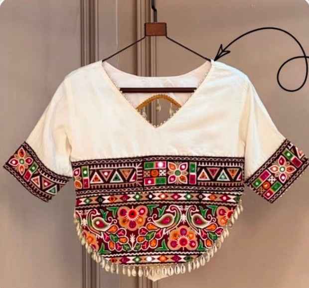 White Pure Roman Silk Kutchi Gamthi Embroidered Work Navratri Blouse