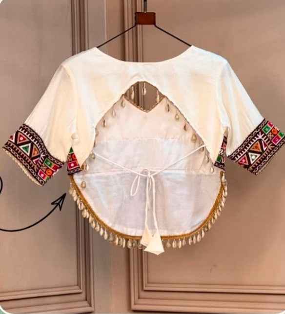 White Pure Roman Silk Kutchi Gamthi Embroidered Work Navratri Blouse