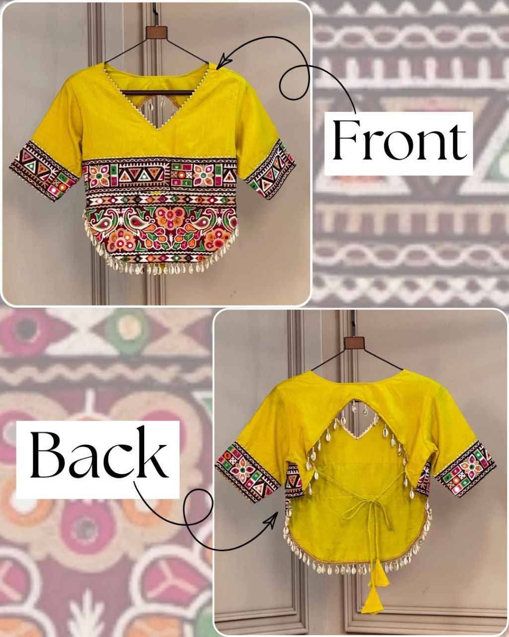 Yellow Pure Roman Silk Kutchi Gamthi Embroidered Work Navratri Blouse