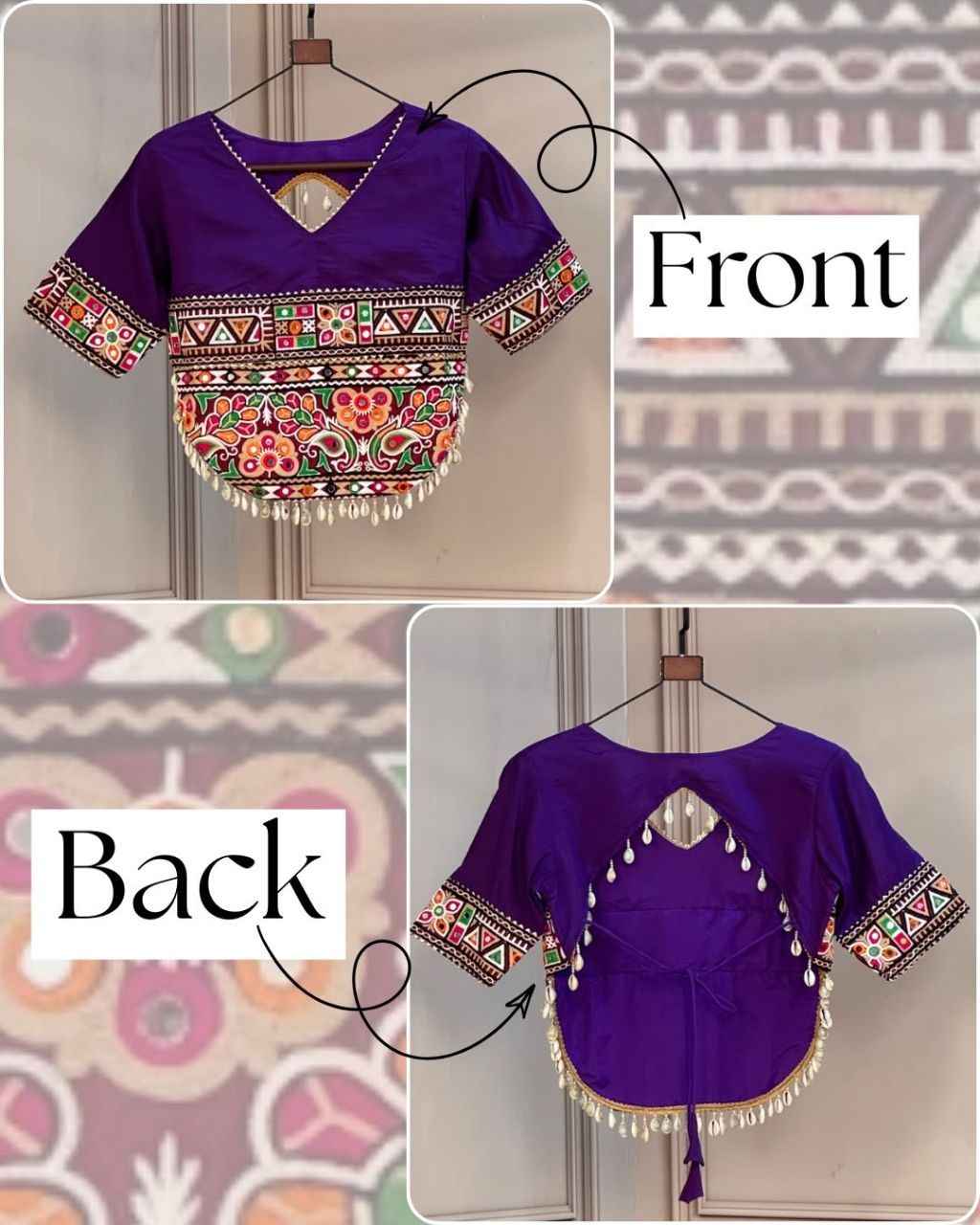 Purple Pure Roman Silk Kutchi Gamthi Embroidered Work Navratri Blouse