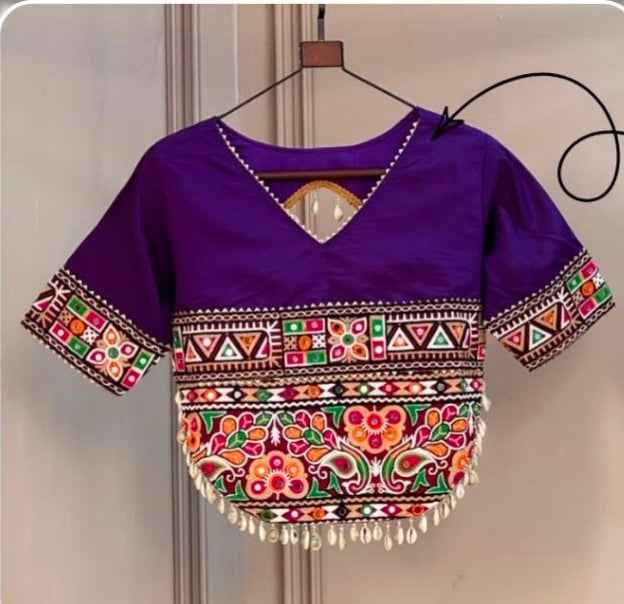 Purple Pure Roman Silk Kutchi Gamthi Embroidered Work Navratri Blouse