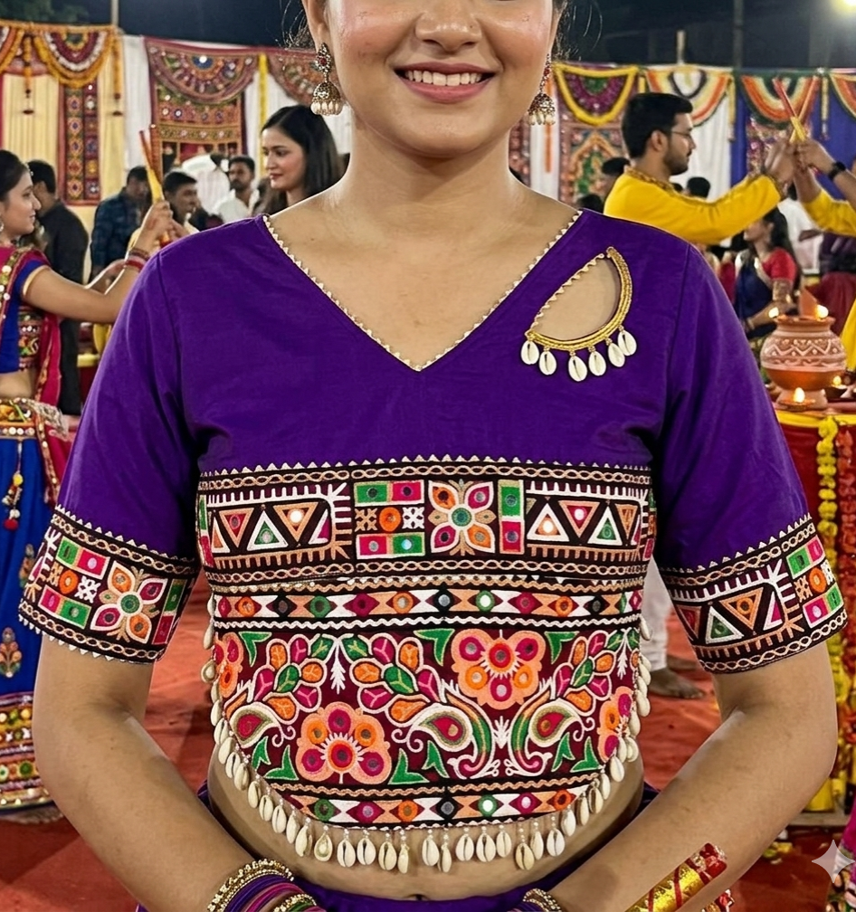 Purple Pure Roman Silk Kutchi Gamthi Embroidered Work Navratri Blouse