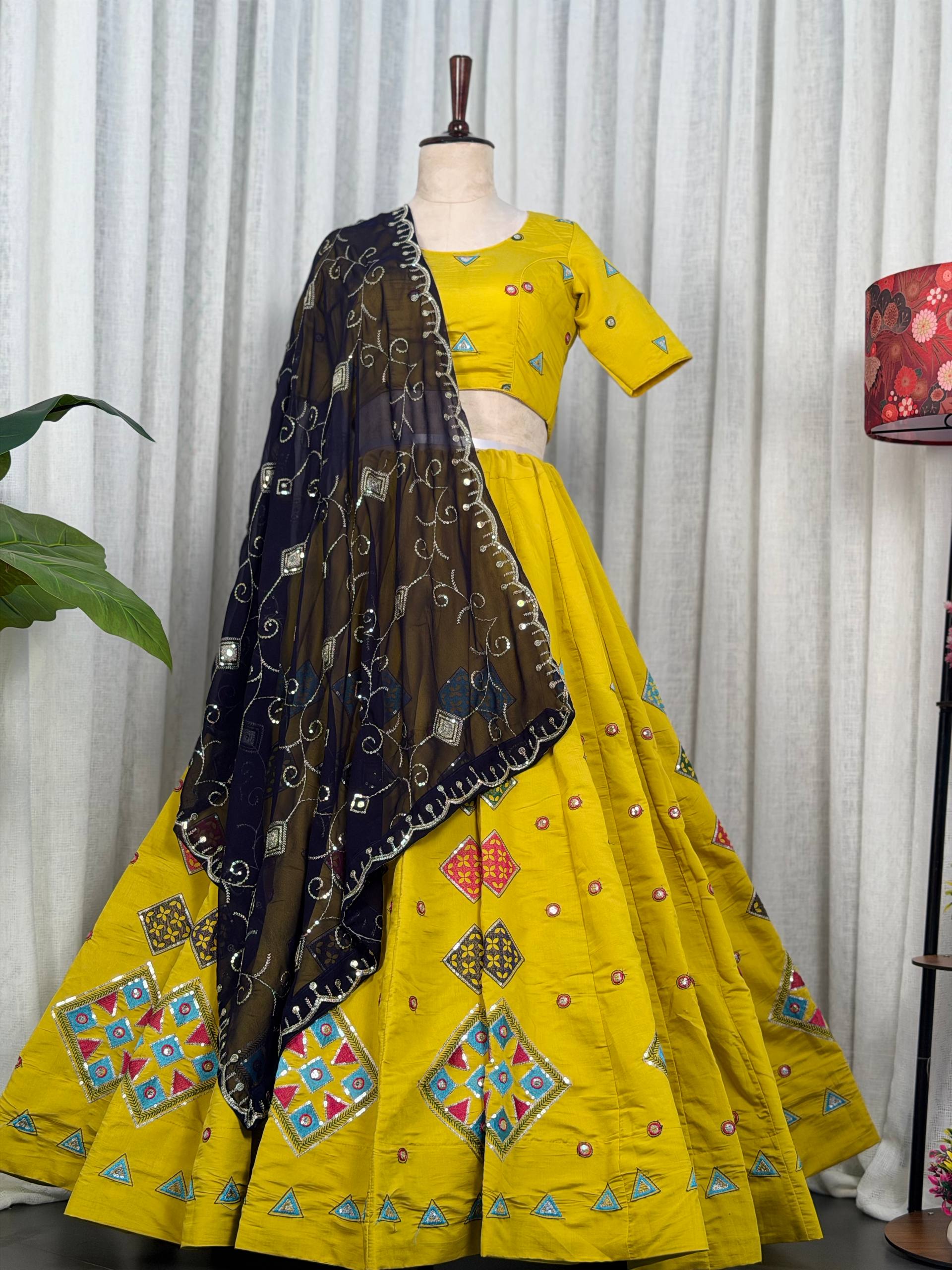 Yellow Pure Roman silk Embroidery sequin Work Navratri Lehenga Choli