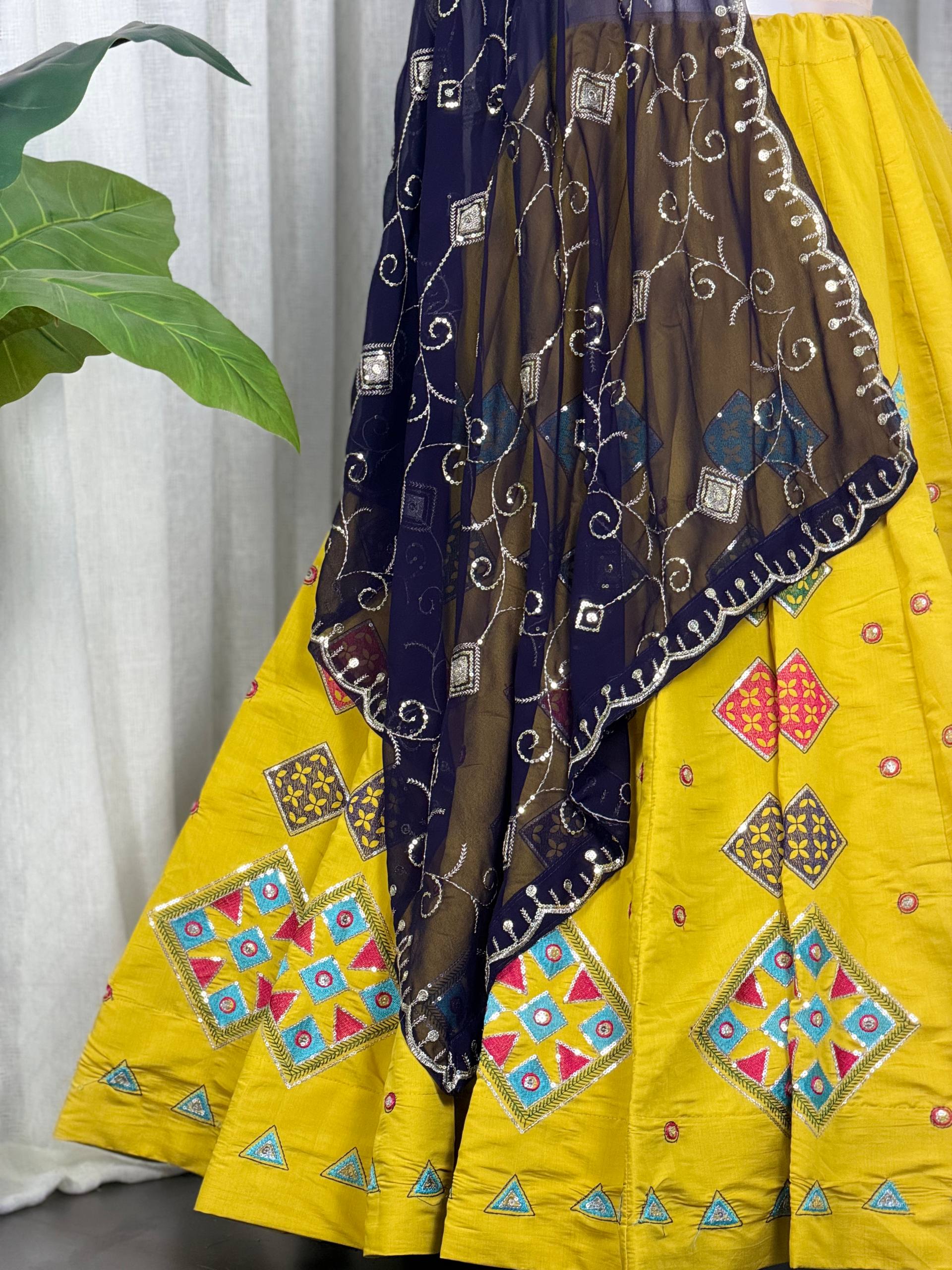 Yellow Pure Roman silk Embroidery sequin Work Navratri Lehenga Choli