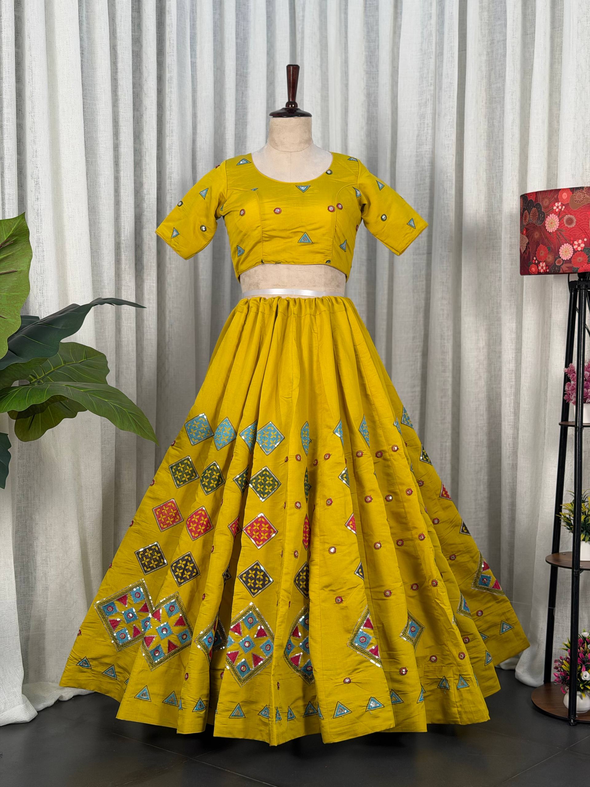 Yellow Pure Roman silk Embroidery sequin Work Navratri Lehenga Choli