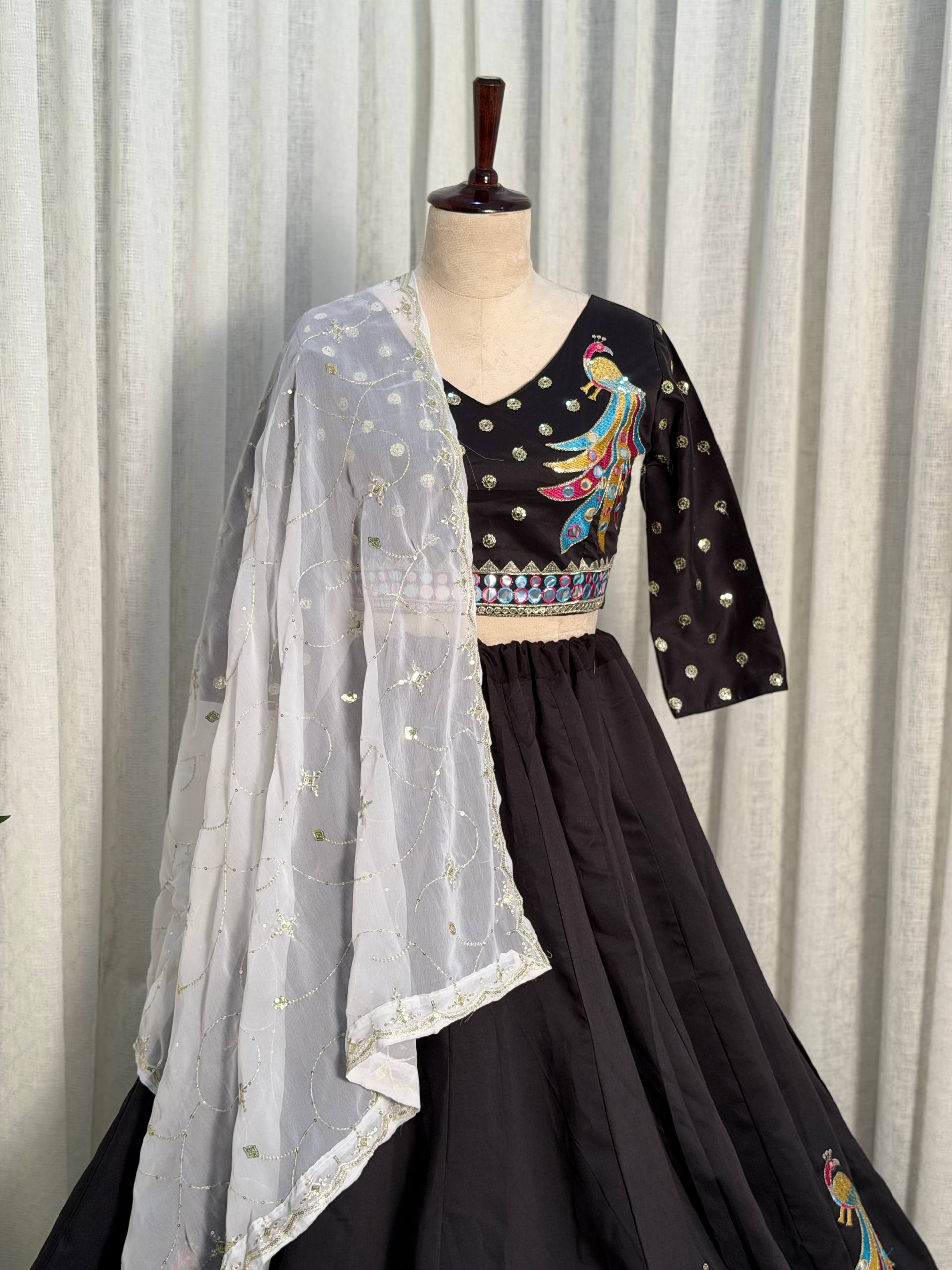 Black Pure Roman silk Embroidery sequin Work Navratri Lehenga Choli