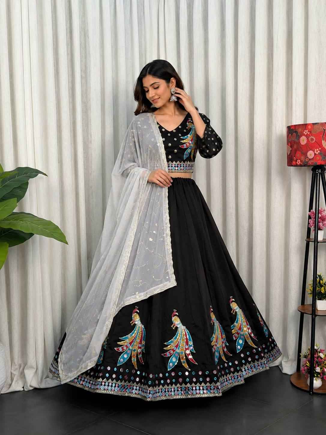 Black Pure Roman silk Embroidery sequin Work Navratri Lehenga Choli
