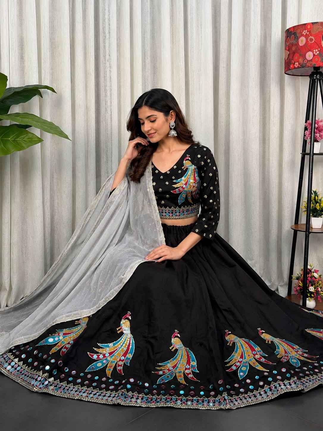 Black Pure Roman silk Embroidery sequin Work Navratri Lehenga Choli