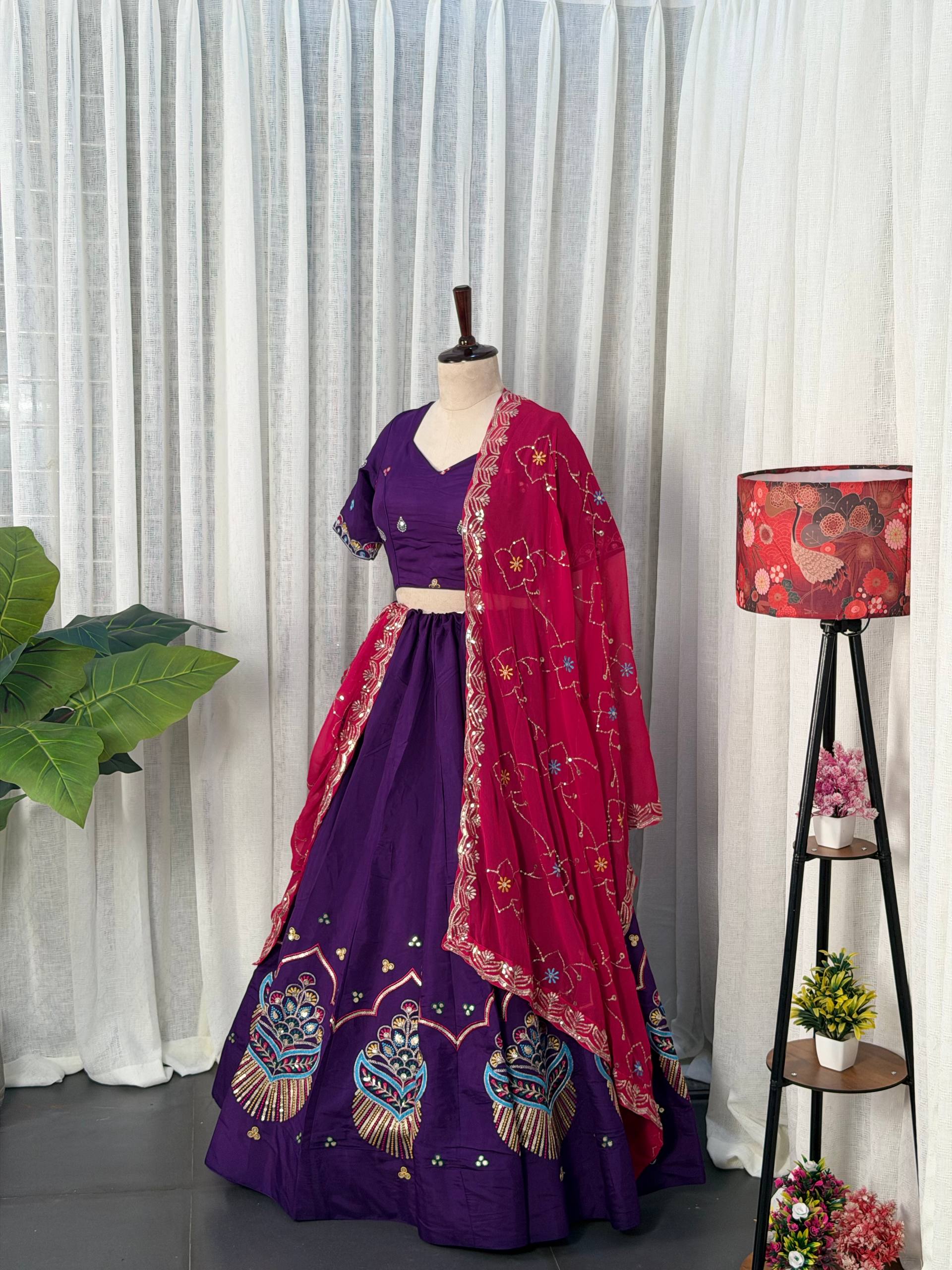 Purple Pure Roman silk Embroidery sequin Work Navratri Lehenga Choli