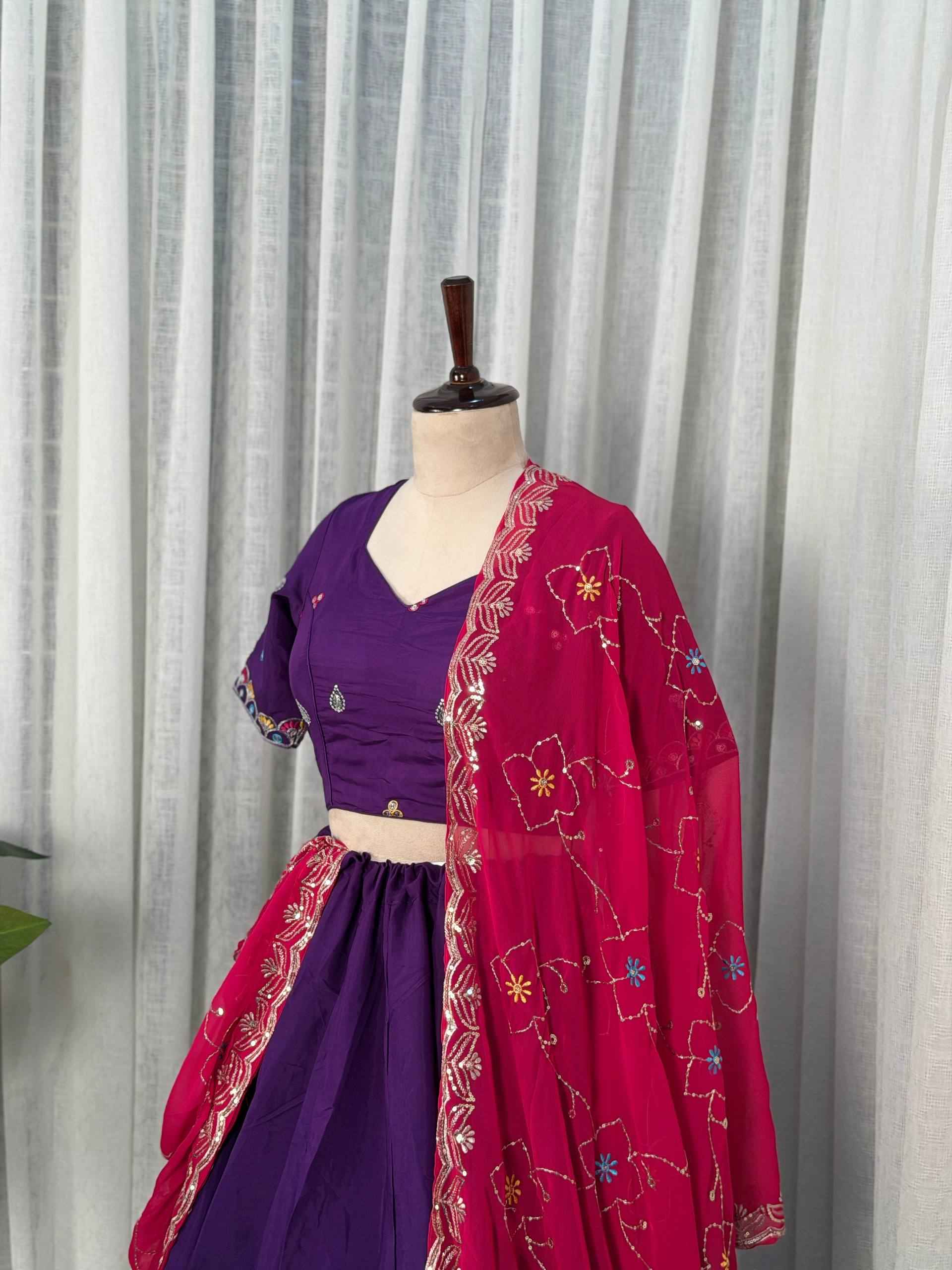 Purple Pure Roman silk Embroidery sequin Work Navratri Lehenga Choli