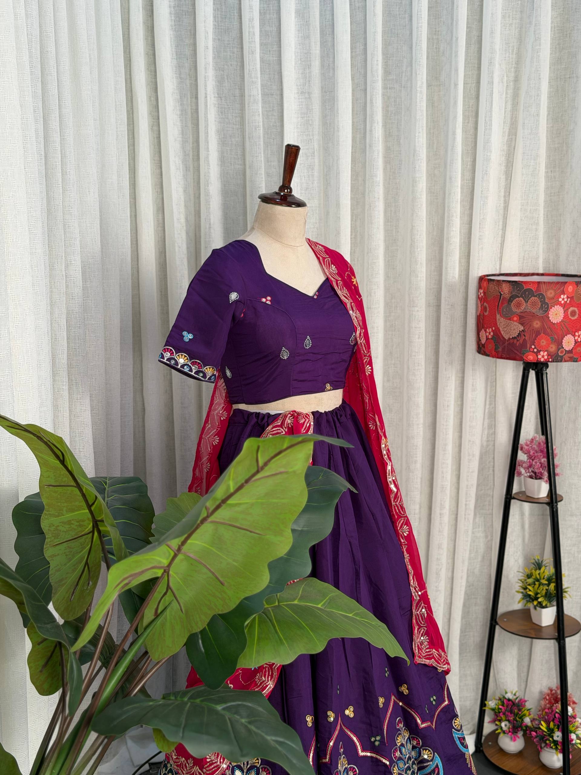 Purple Pure Roman silk Embroidery sequin Work Navratri Lehenga Choli