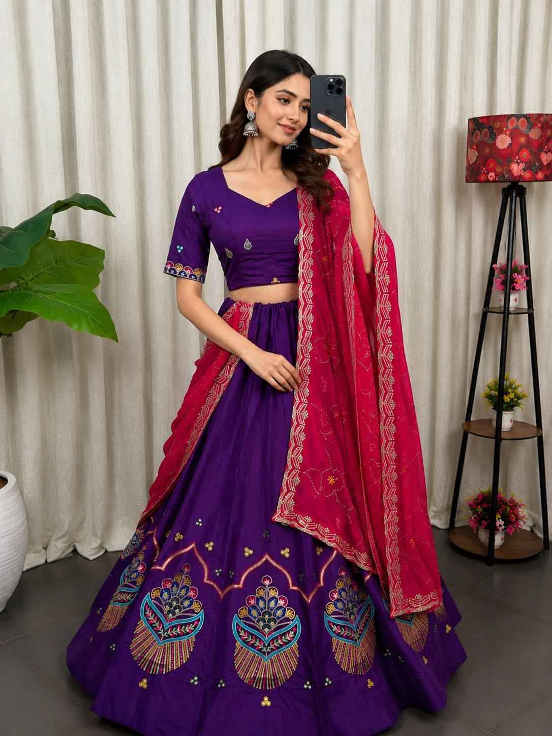 Purple Pure Roman silk Embroidery sequin Work Navratri Lehenga Choli