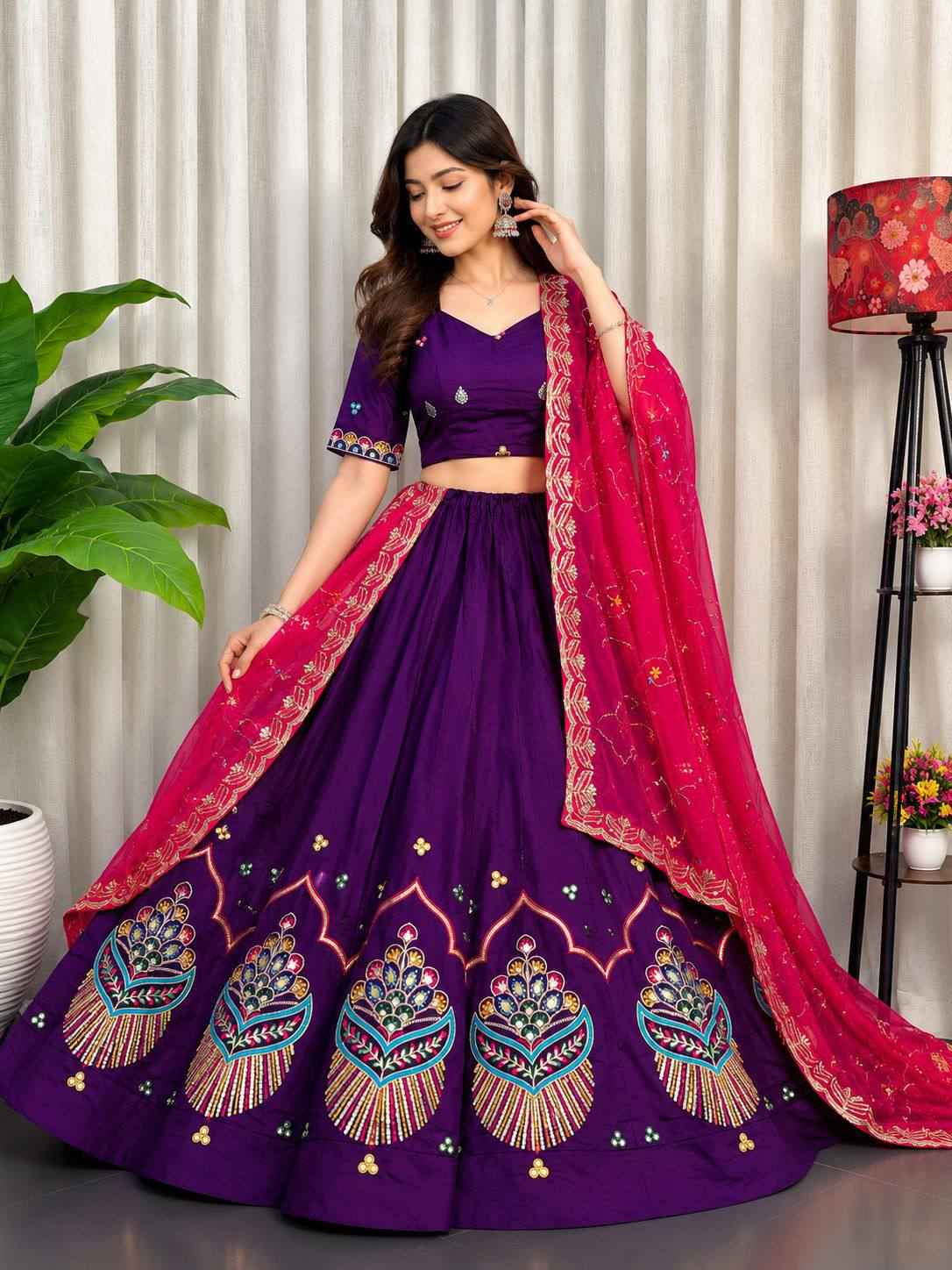 Purple Pure Roman silk Embroidery sequin Work Navratri Lehenga Choli