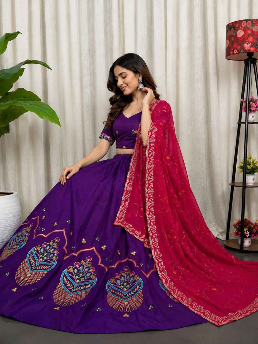 Purple Pure Roman silk Embroidery sequin Work Navratri Lehenga Choli