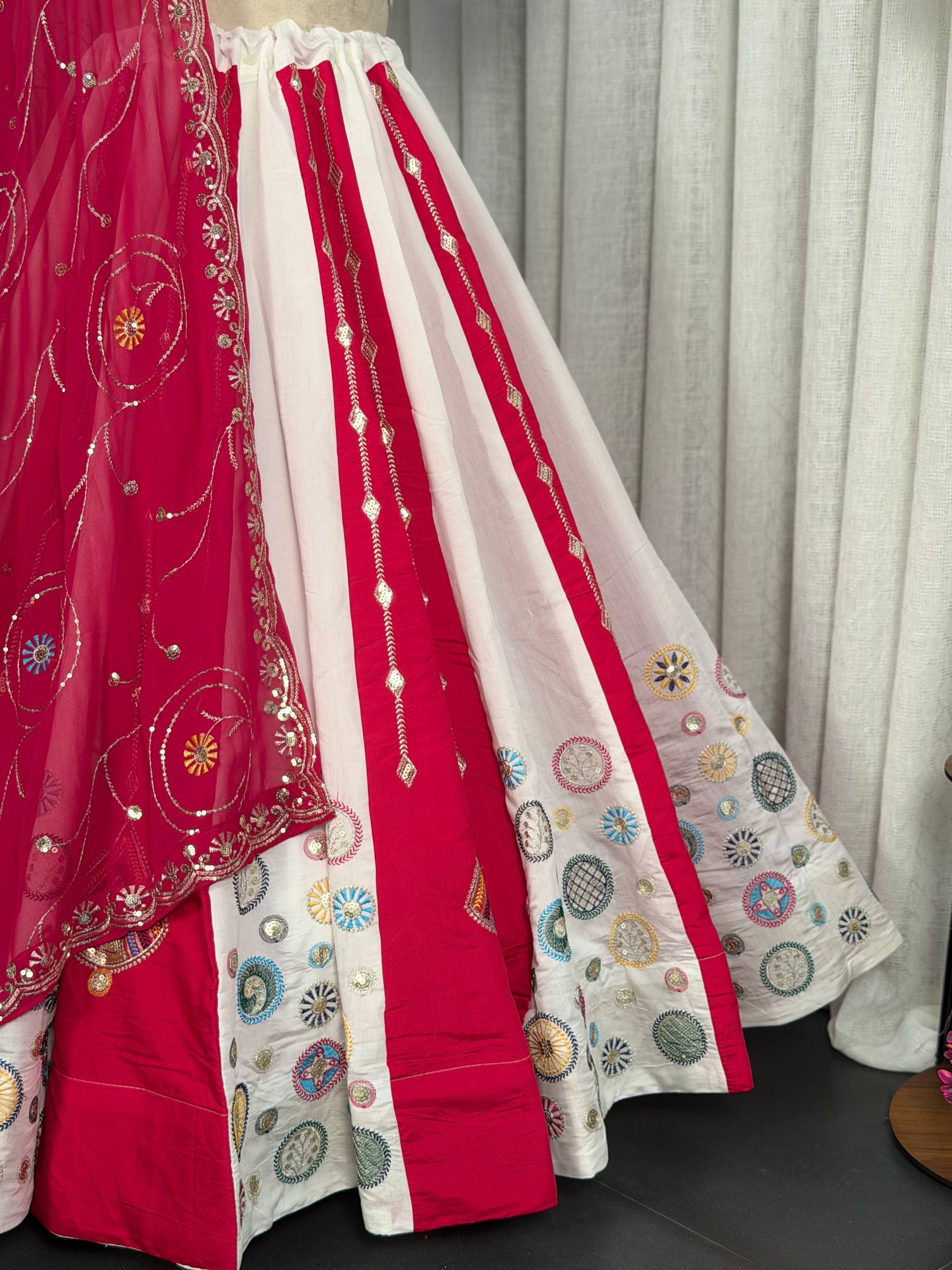 Multi Pure Roman silk Embroidery sequin Work Navratri Lehenga Choli