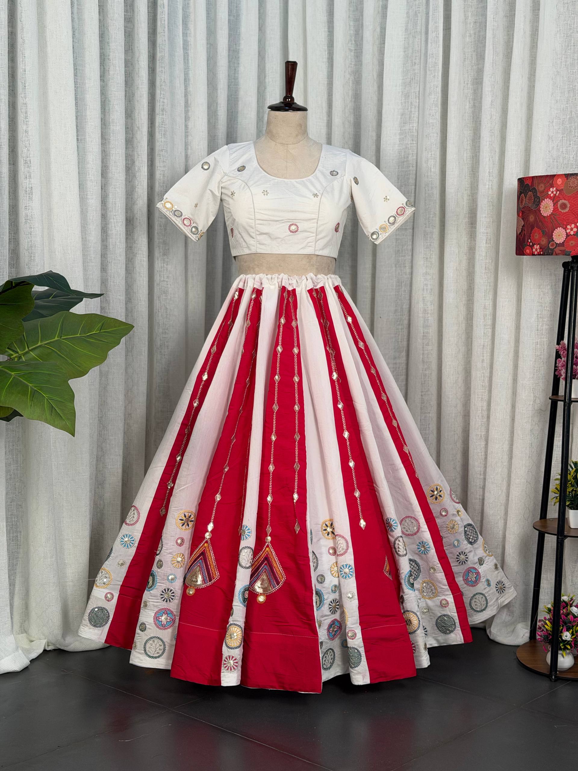 Multi Pure Roman silk Embroidery sequin Work Navratri Lehenga Choli