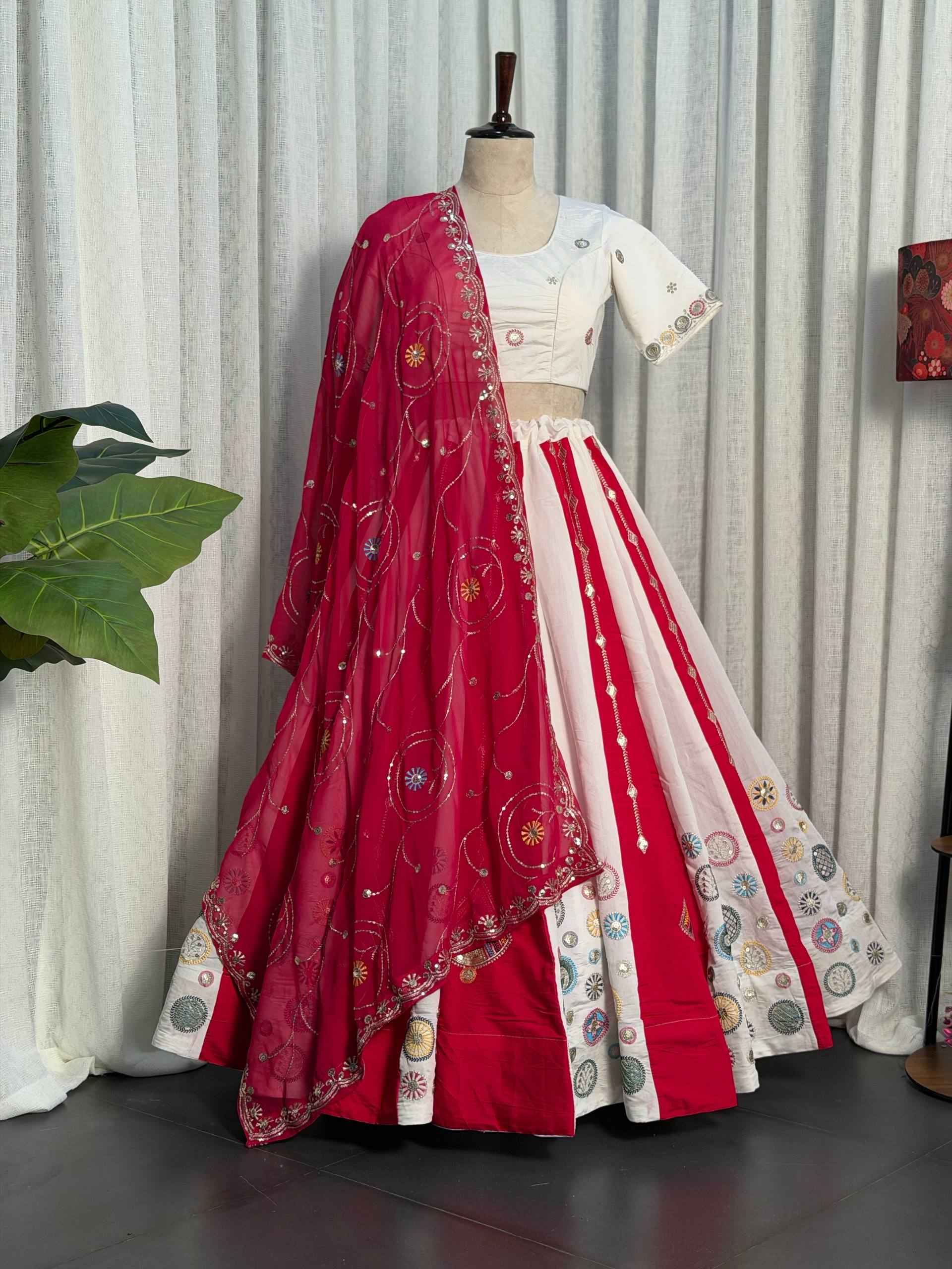 Multi Pure Roman silk Embroidery sequin Work Navratri Lehenga Choli