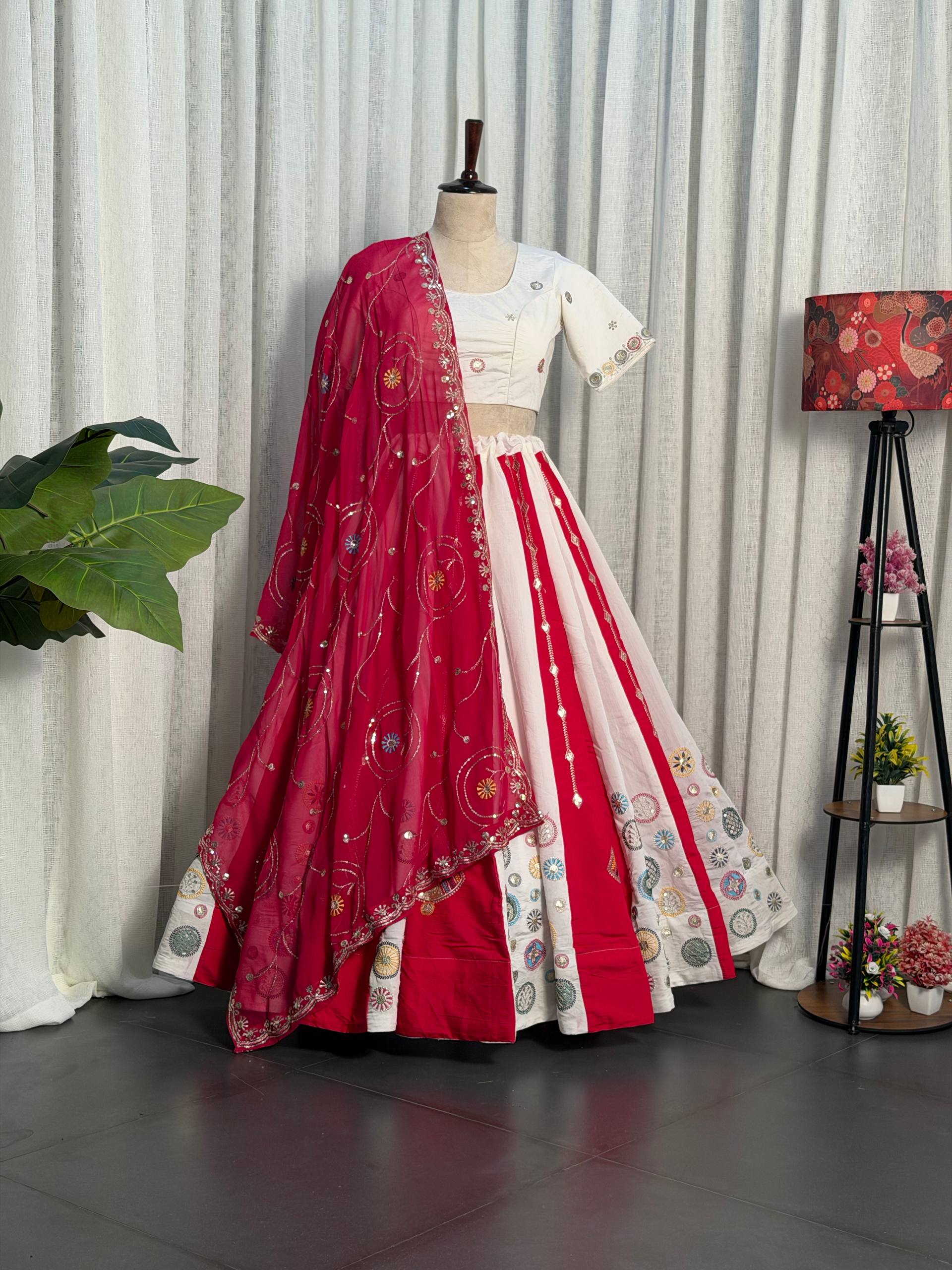Multi Pure Roman silk Embroidery sequin Work Navratri Lehenga Choli