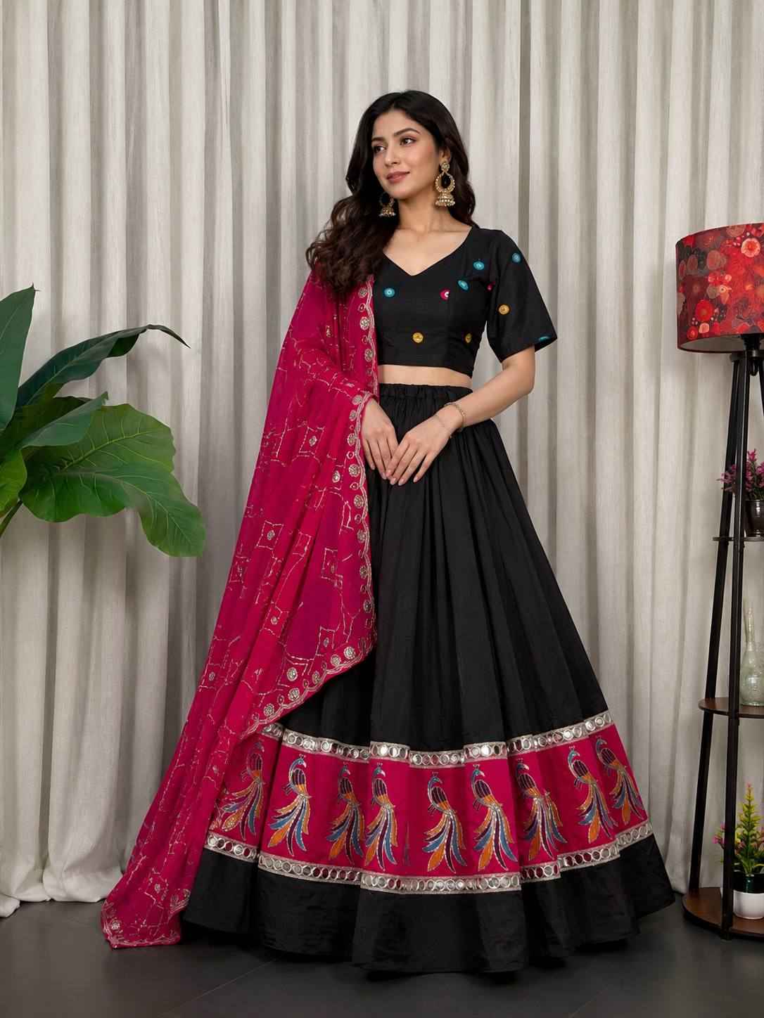 Black Pure Bluming Vichitra Silk Embroidery sequin Work Navratri Lehenga Choli