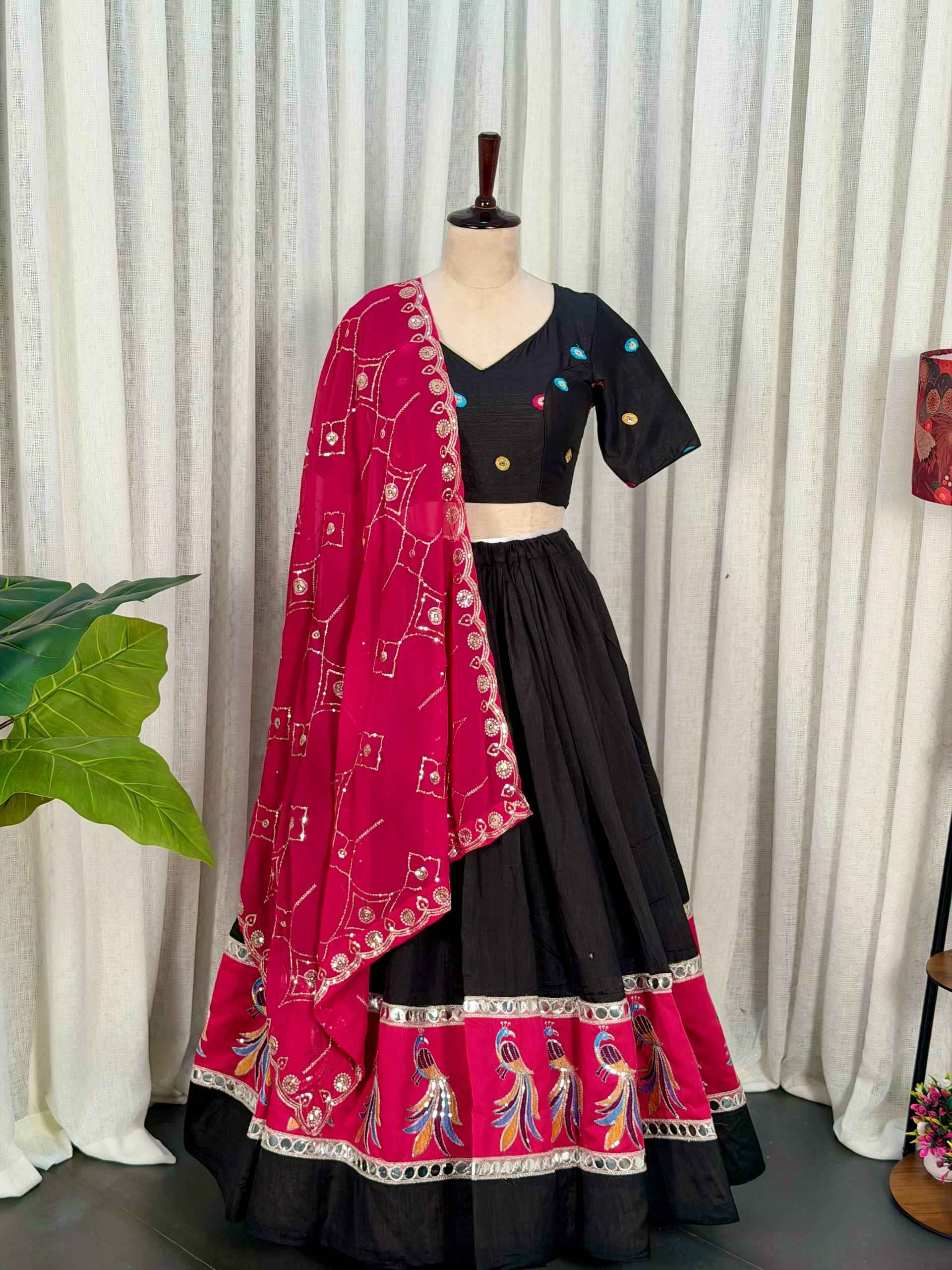 Black Pure Bluming Vichitra Silk Embroidery sequin Work Navratri Lehenga Choli