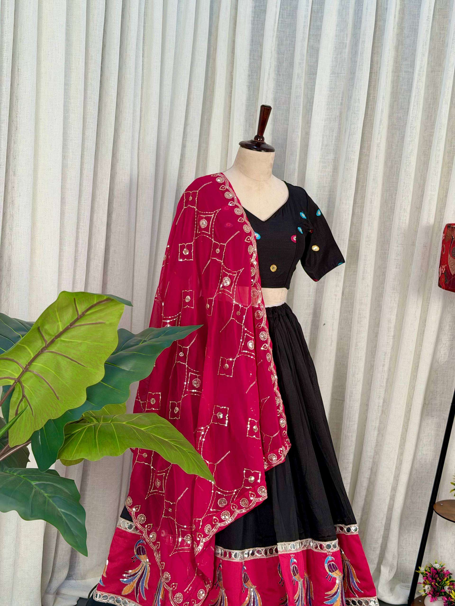 Black Pure Bluming Vichitra Silk Embroidery sequin Work Navratri Lehenga Choli