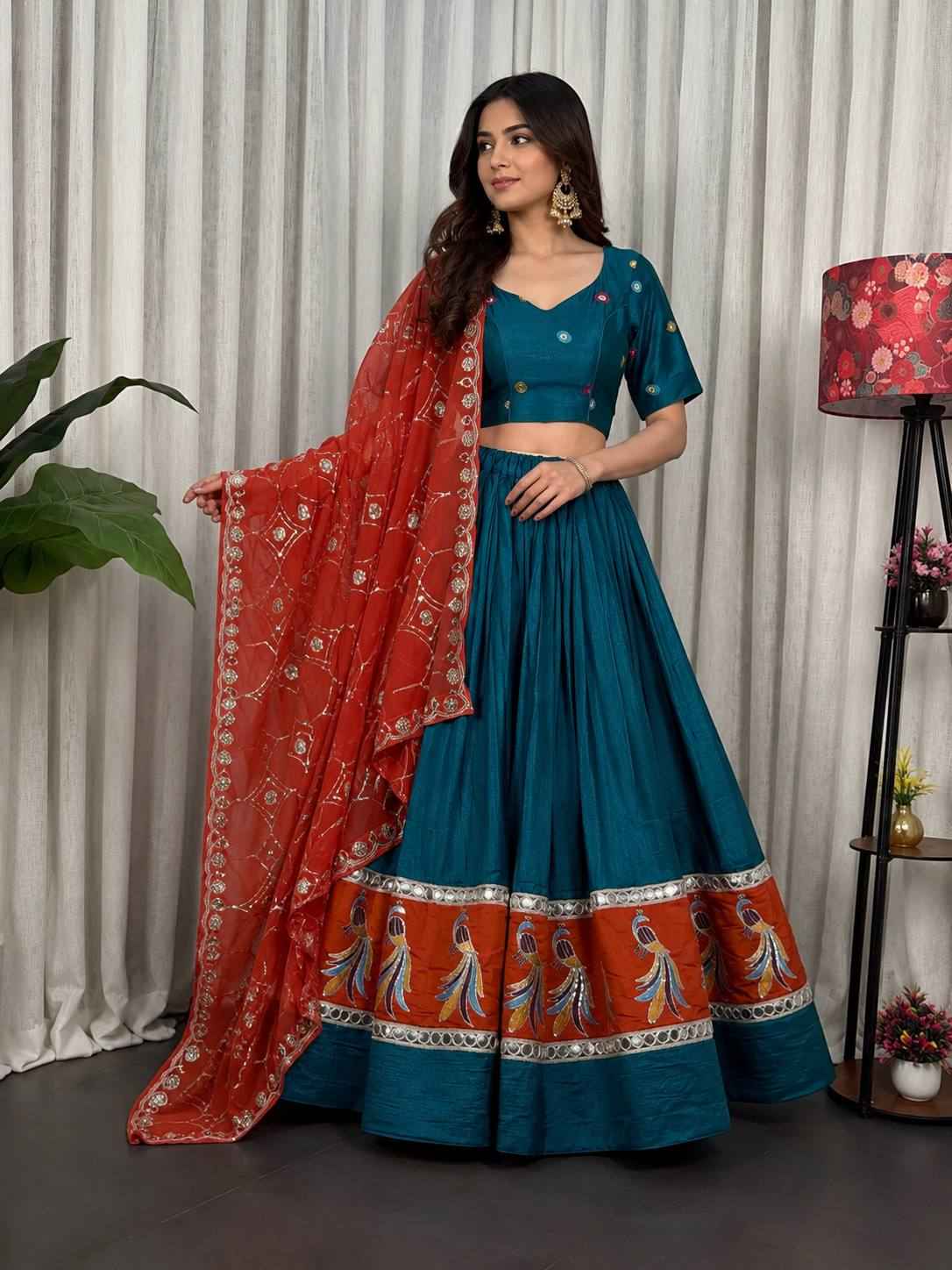 Rama Pure Bluming Vichitra Silk Embroidery sequin Work Navratri Lehenga Choli