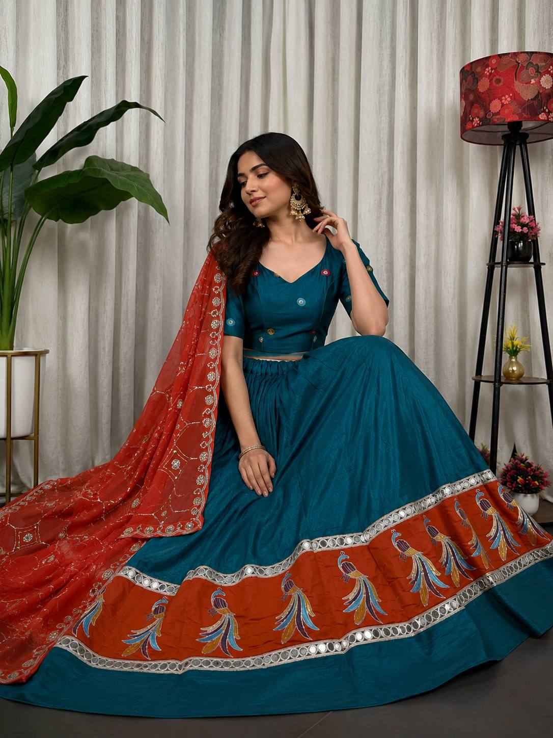 Rama Pure Bluming Vichitra Silk Embroidery sequin Work Navratri Lehenga Choli