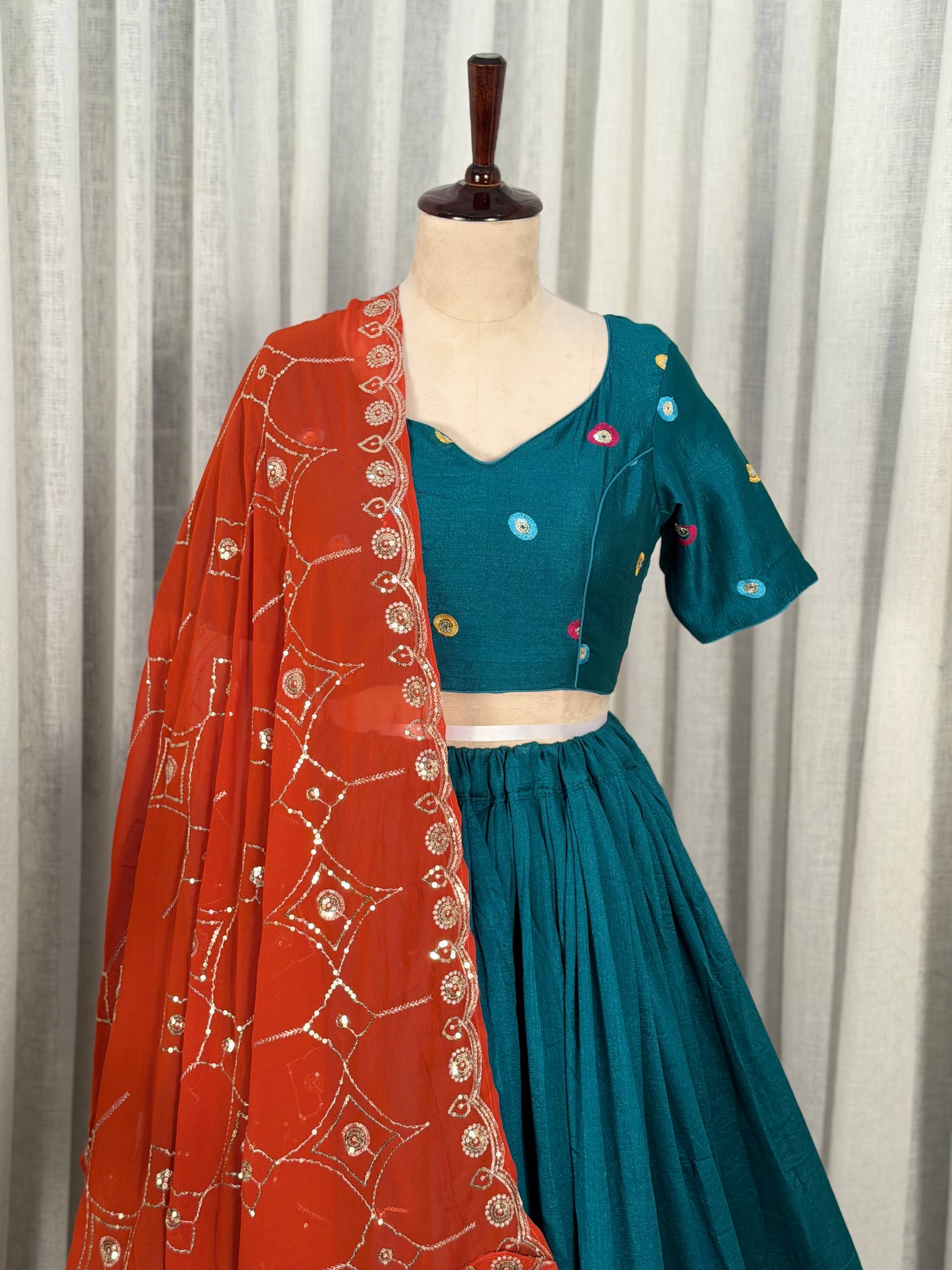 Rama Pure Bluming Vichitra Silk Embroidery sequin Work Navratri Lehenga Choli