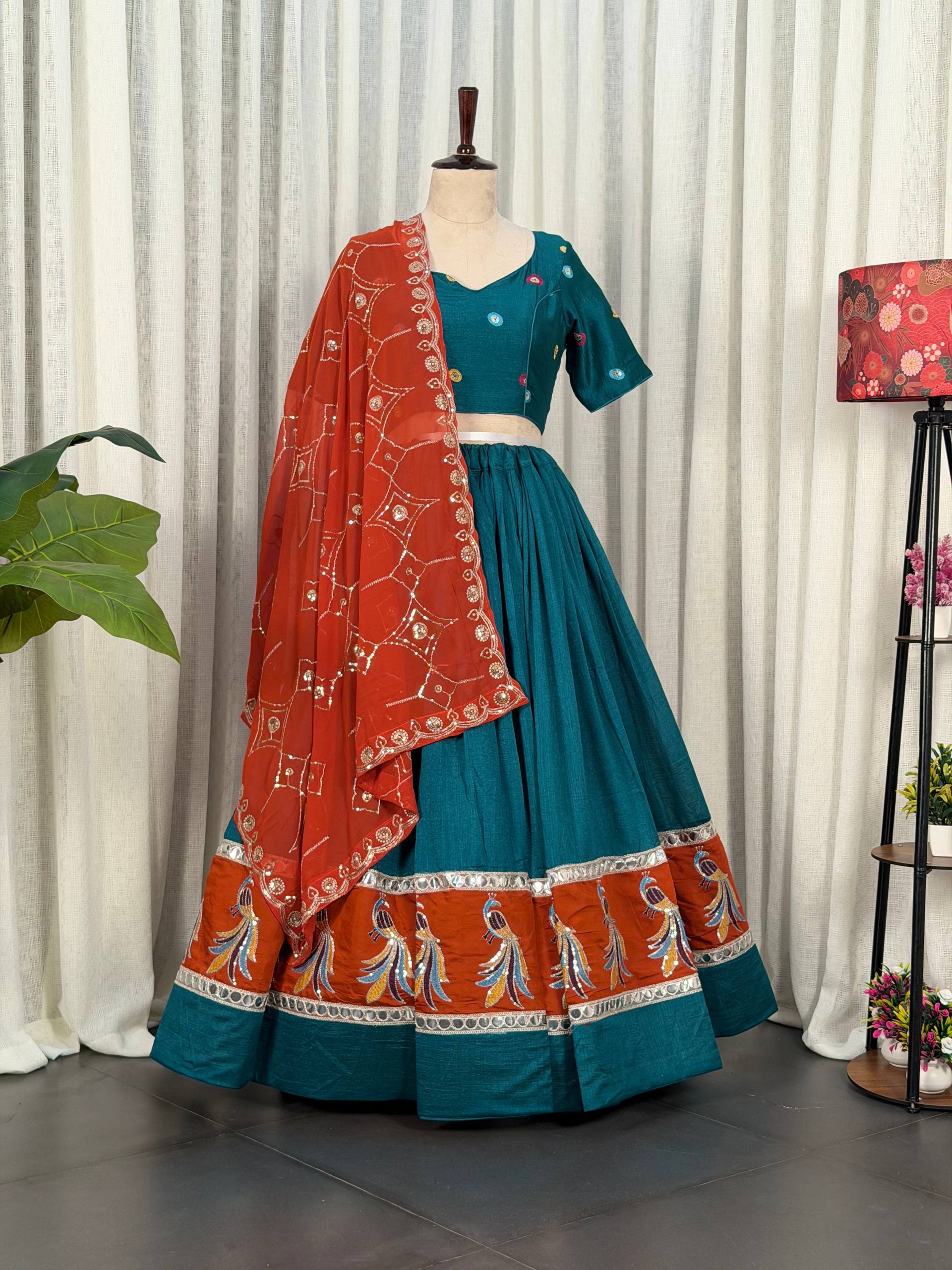 Rama Pure Bluming Vichitra Silk Embroidery sequin Work Navratri Lehenga Choli