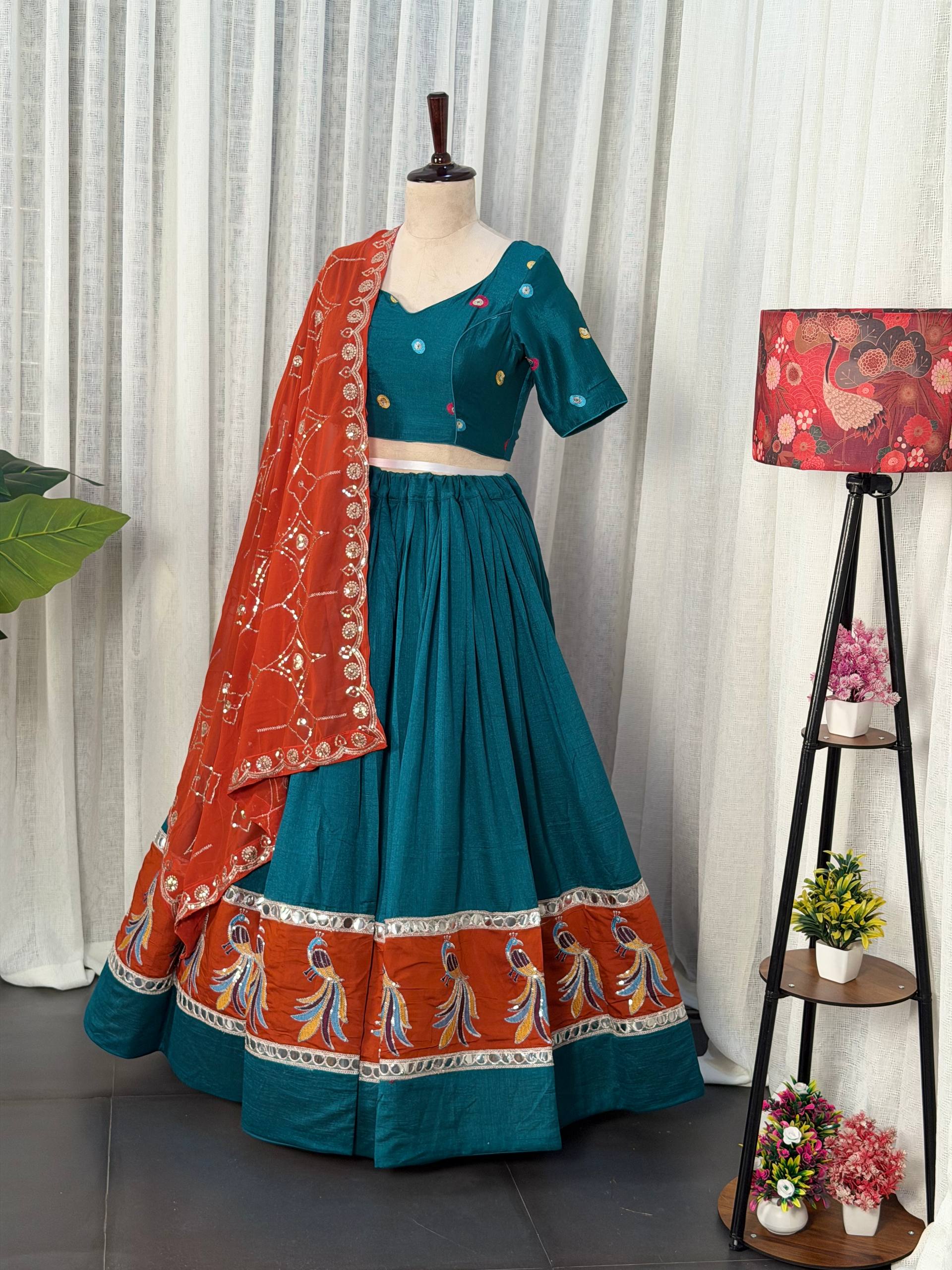 Rama Pure Bluming Vichitra Silk Embroidery sequin Work Navratri Lehenga Choli