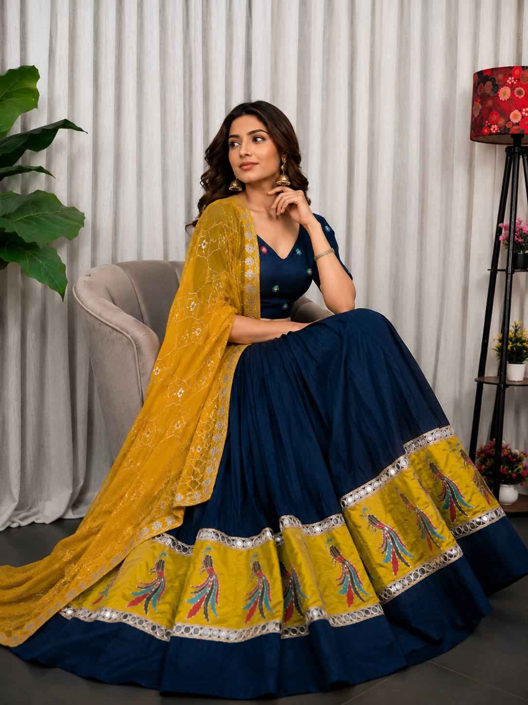Navy Blue Pure Bluming Vichitra Silk Embroidery sequin Work Navratri Lehenga Choli