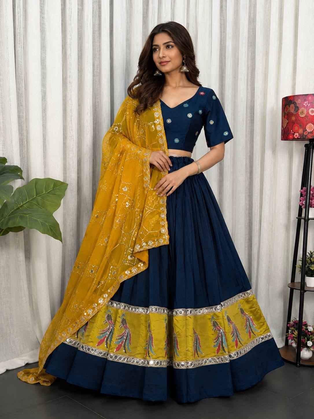 Navy Blue Pure Bluming Vichitra Silk Embroidery sequin Work Navratri Lehenga Choli