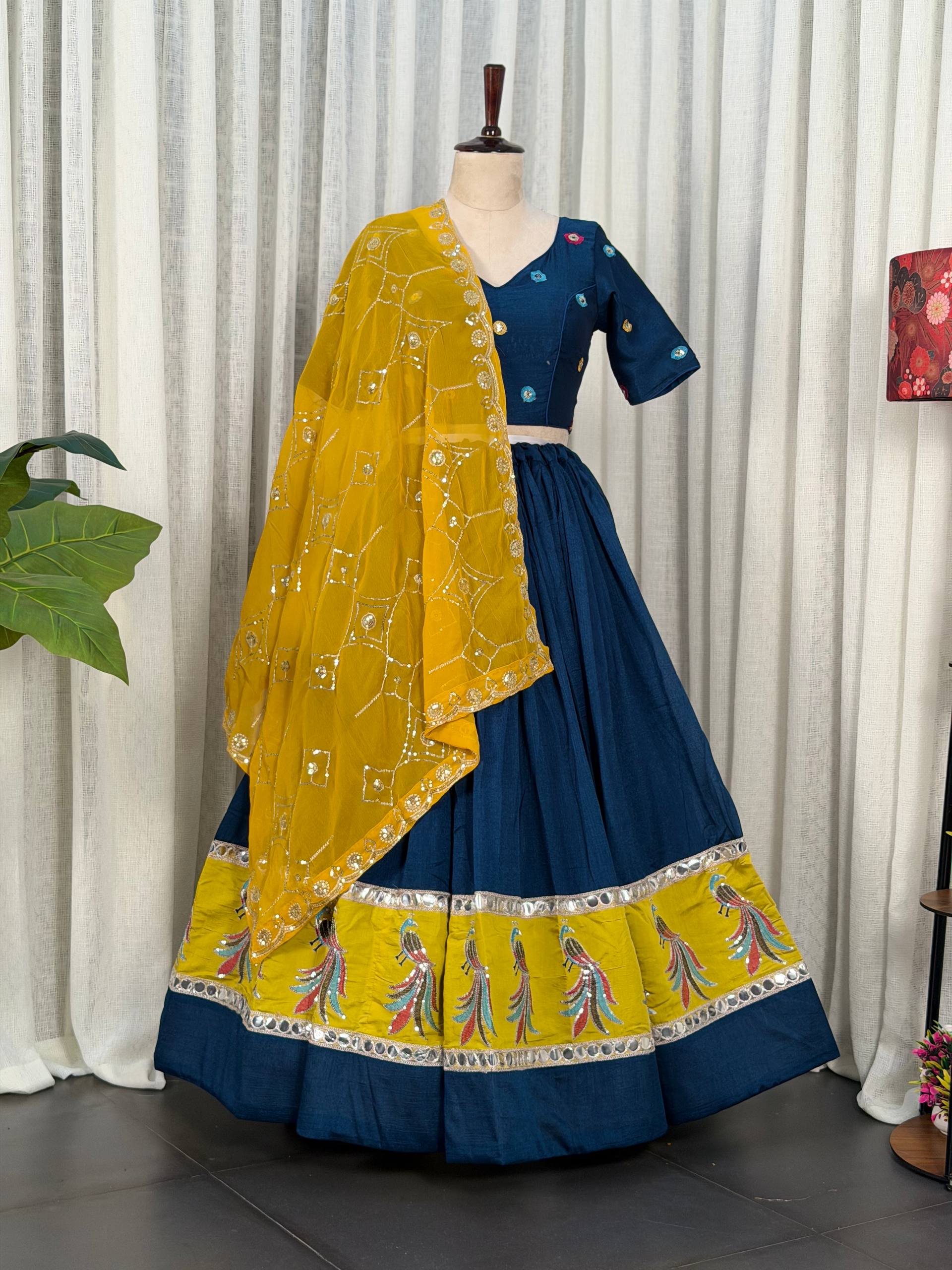 Navy Blue Pure Bluming Vichitra Silk Embroidery sequin Work Navratri Lehenga Choli