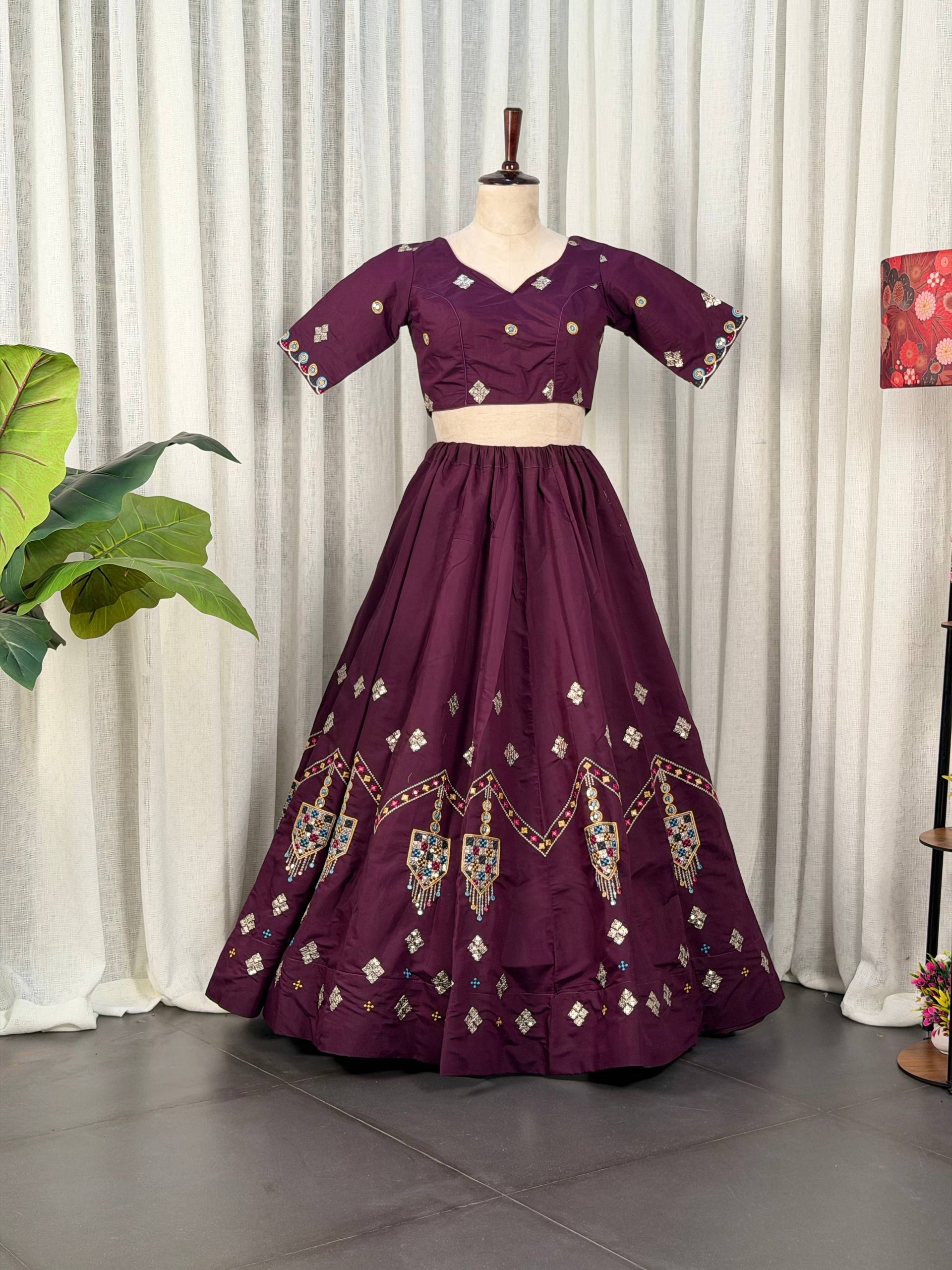 Wine Pure Bluming Vichitra Silk Embroidery sequin Work Navratri Lehenga Choli
