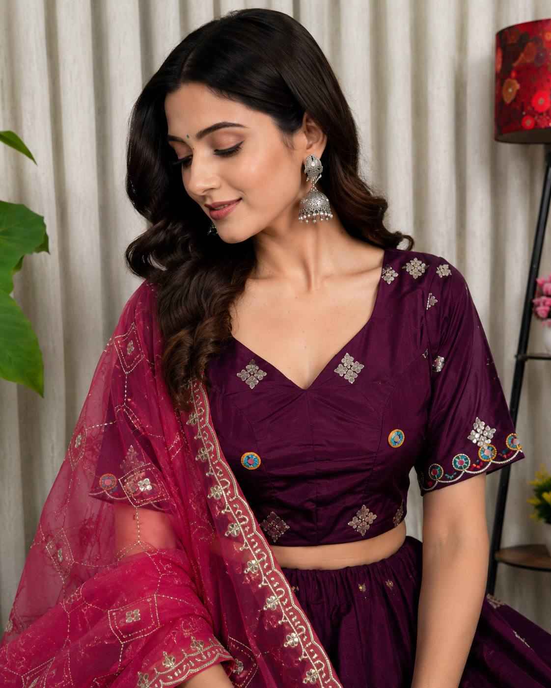 Wine Pure Bluming Vichitra Silk Embroidery sequin Work Navratri Lehenga Choli