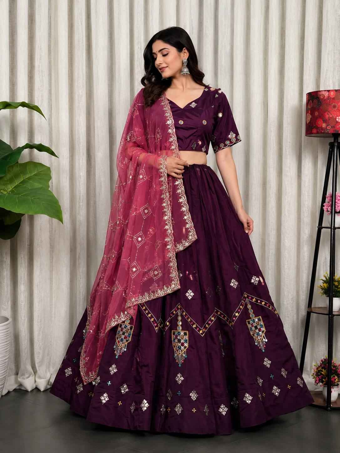 Wine Pure Bluming Vichitra Silk Embroidery sequin Work Navratri Lehenga Choli