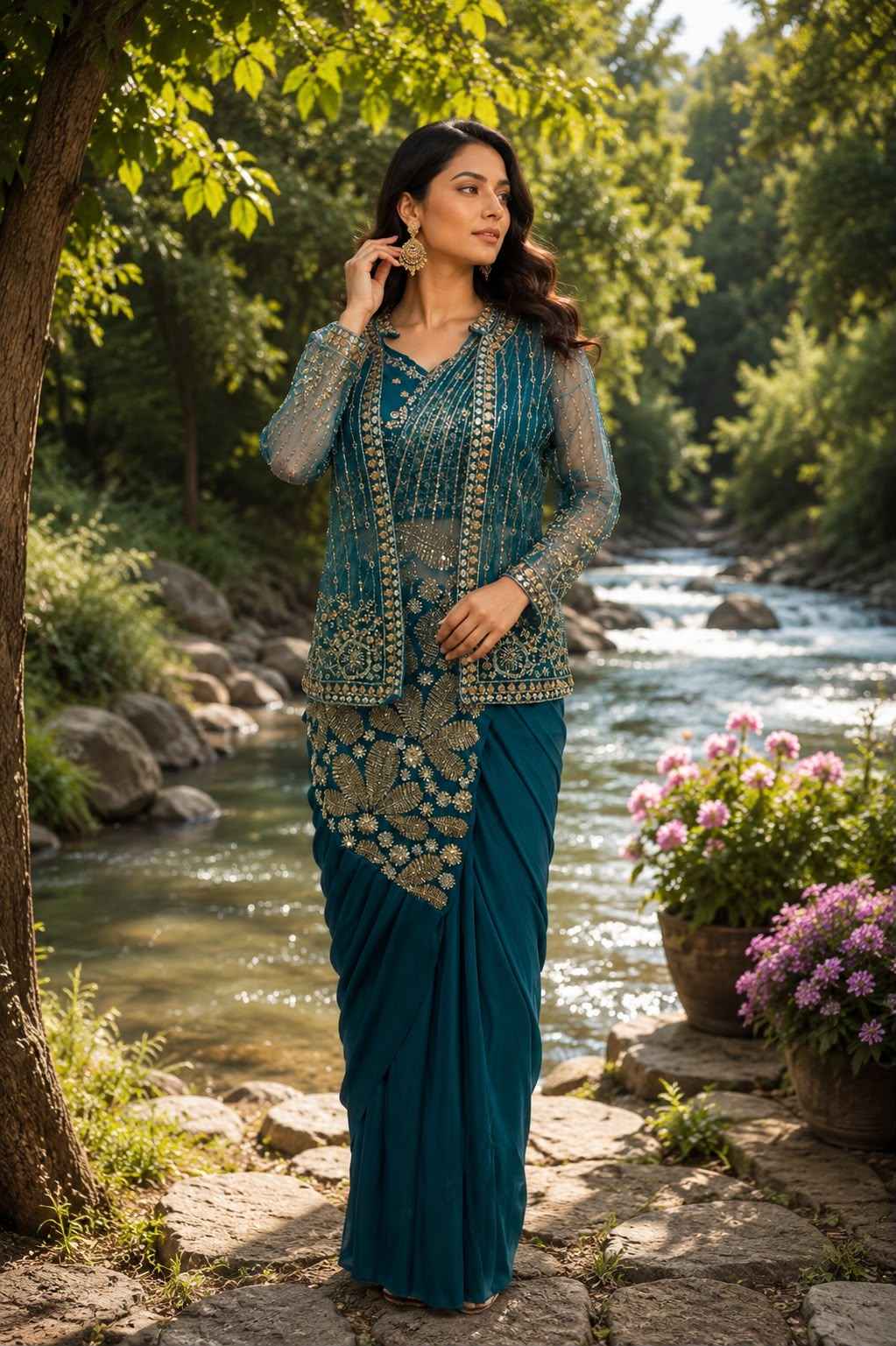 Teal Blue Pure Imported Lycra Silk Ready to Wear Saree