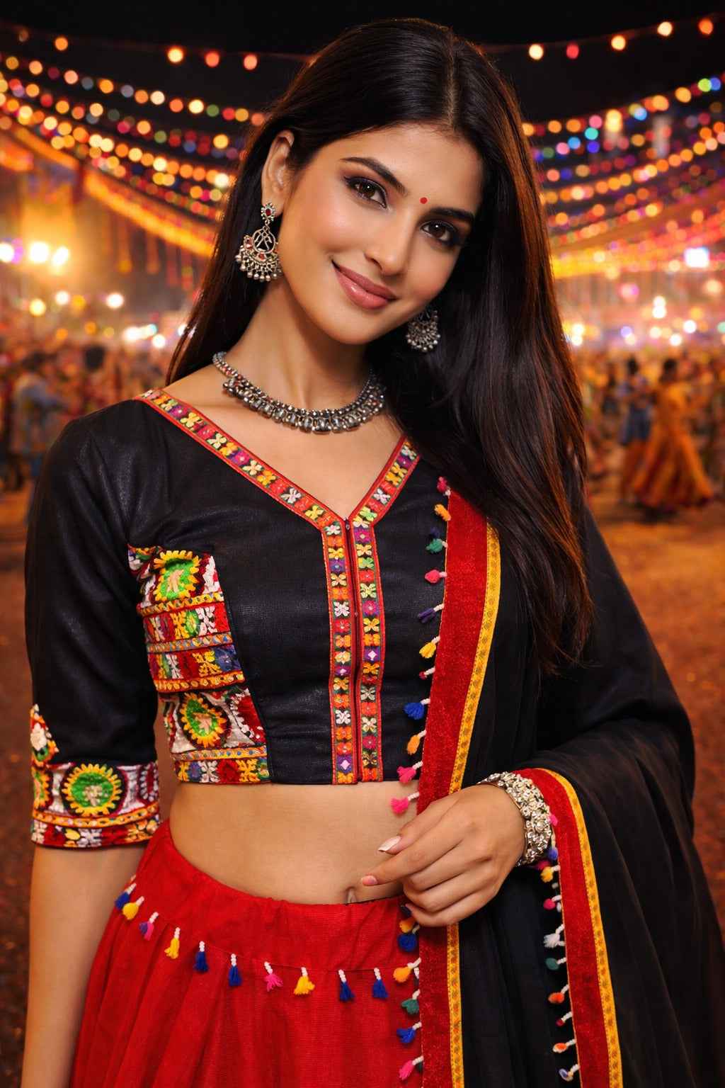Red Pure Cotton Silk Gamthi & Butta Lace Work Navratri Lehenga Choli