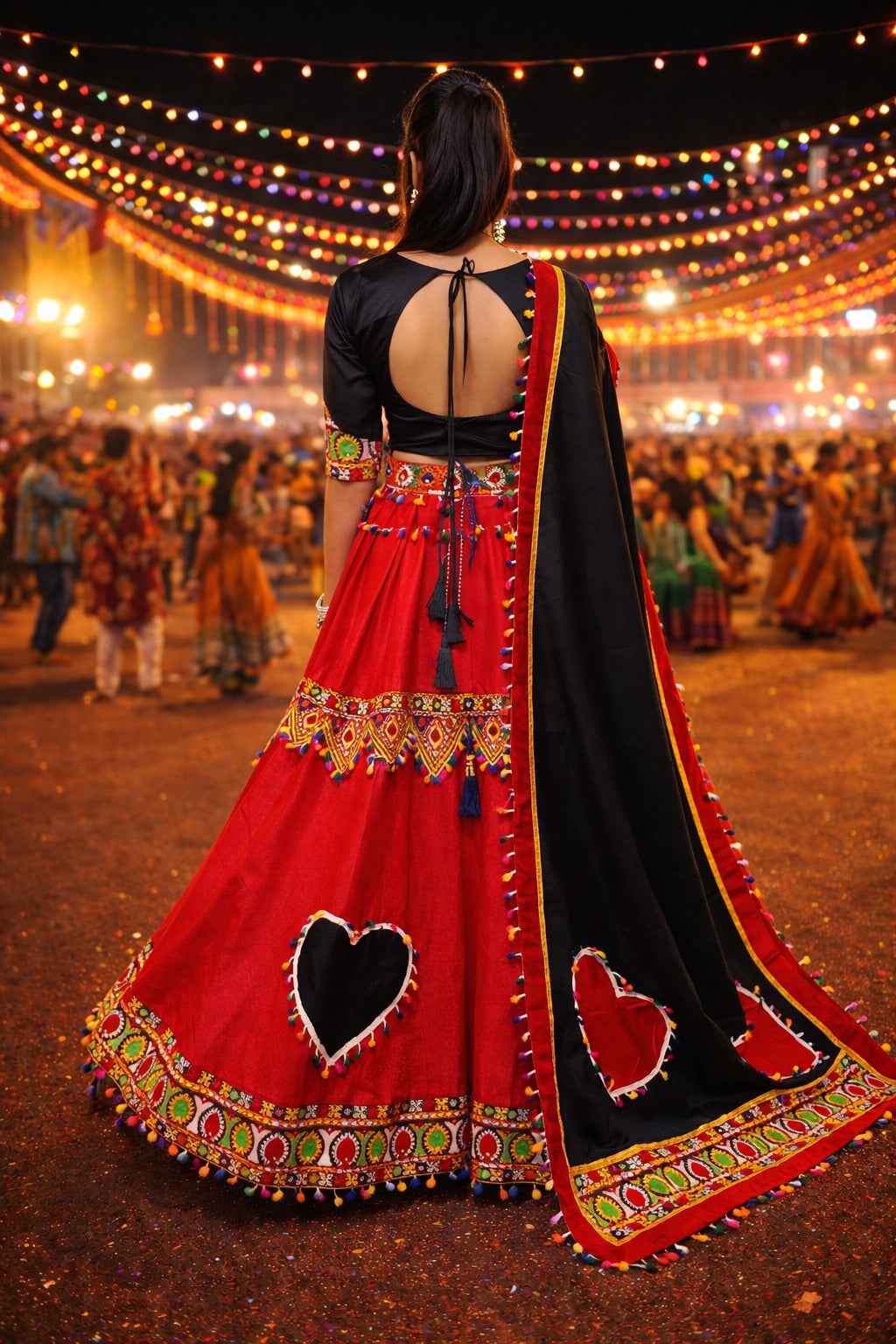 Red Pure Cotton Silk Gamthi & Butta Lace Work Navratri Lehenga Choli
