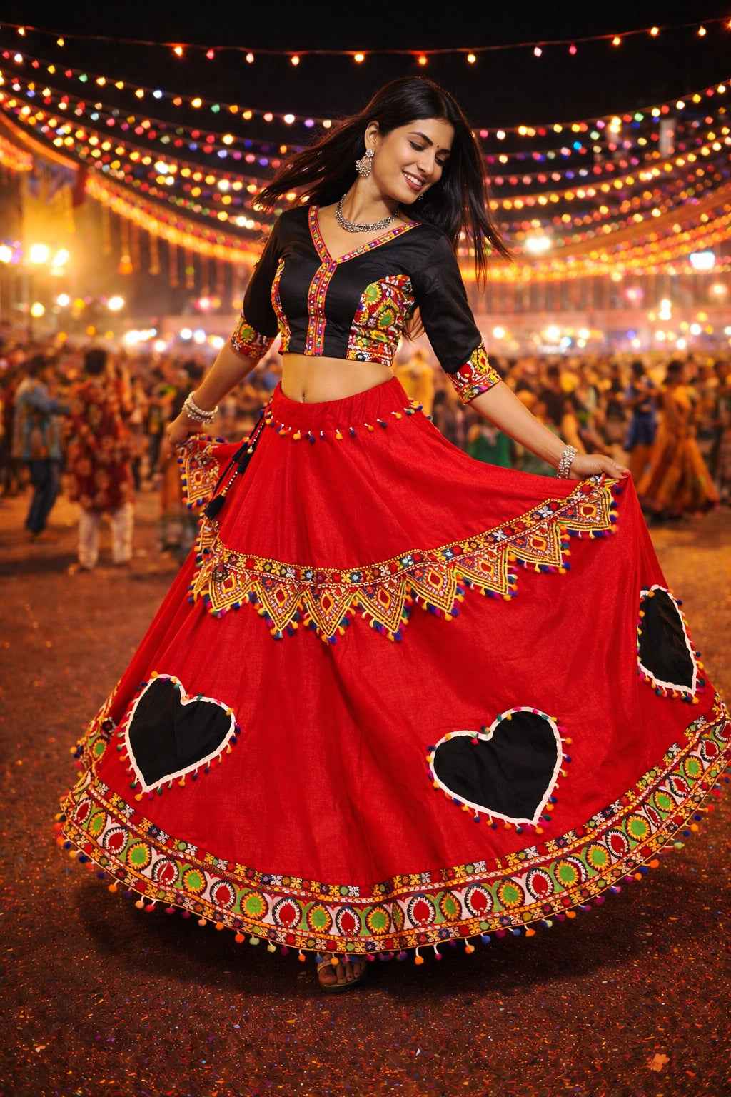 Red Pure Cotton Silk Gamthi & Butta Lace Work Navratri Lehenga Choli