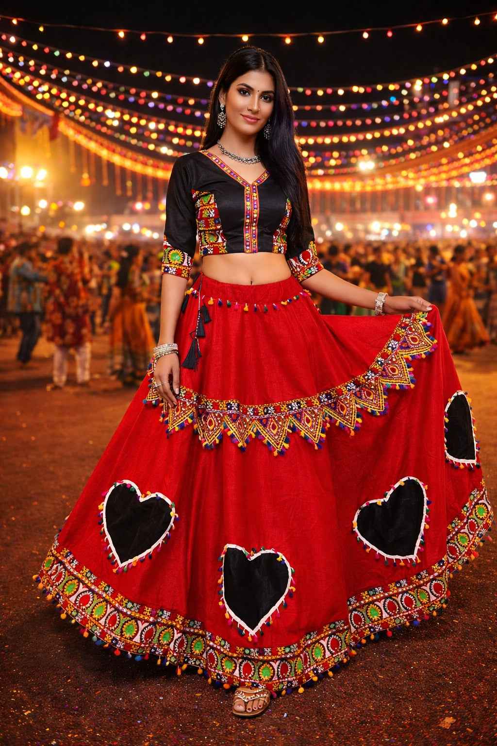 Red Pure Cotton Silk Gamthi & Butta Lace Work Navratri Lehenga Choli