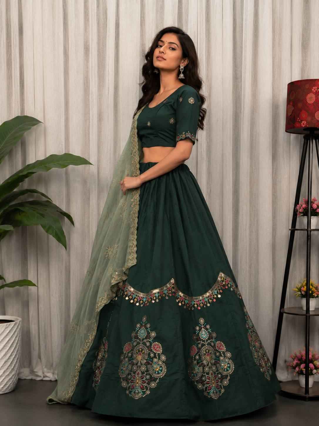 Green Pure Bluming Vichitra Silk Embroidery sequin Work Navratri Lehenga Choli