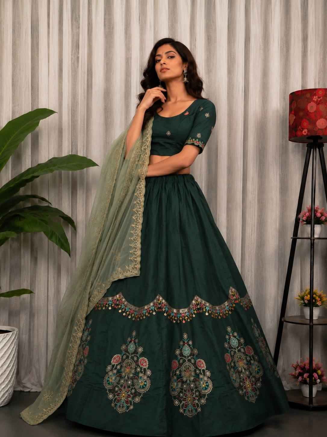 Green Pure Bluming Vichitra Silk Embroidery sequin Work Navratri Lehenga Choli